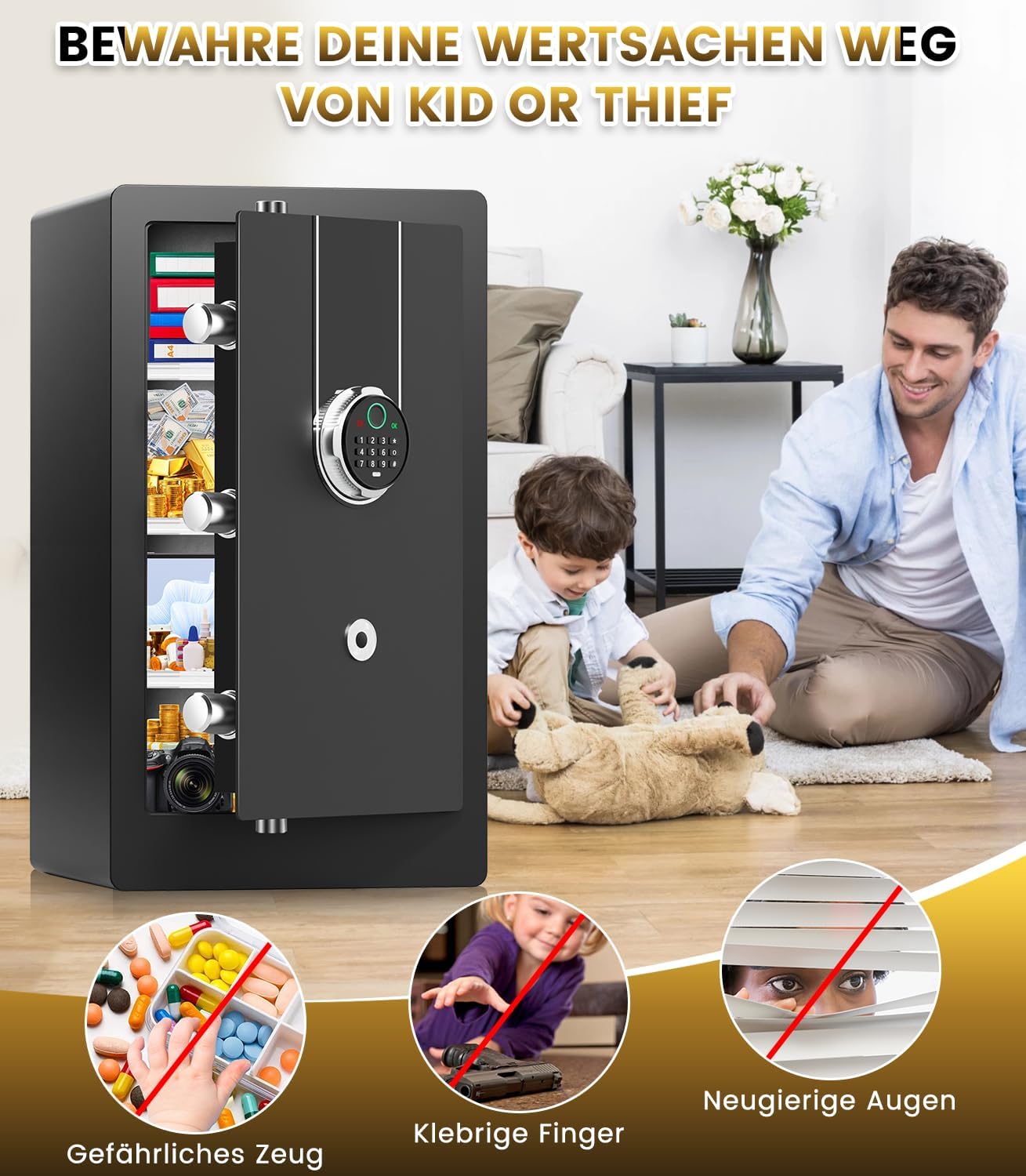 Thumbnail 6 de 75L biometrischer Möbel-Tresor für Zuhause – Großer Kunststoff-/Stahlsafe mit Fingerabdruck, LED-Beleuchtung und Einbauoptionen