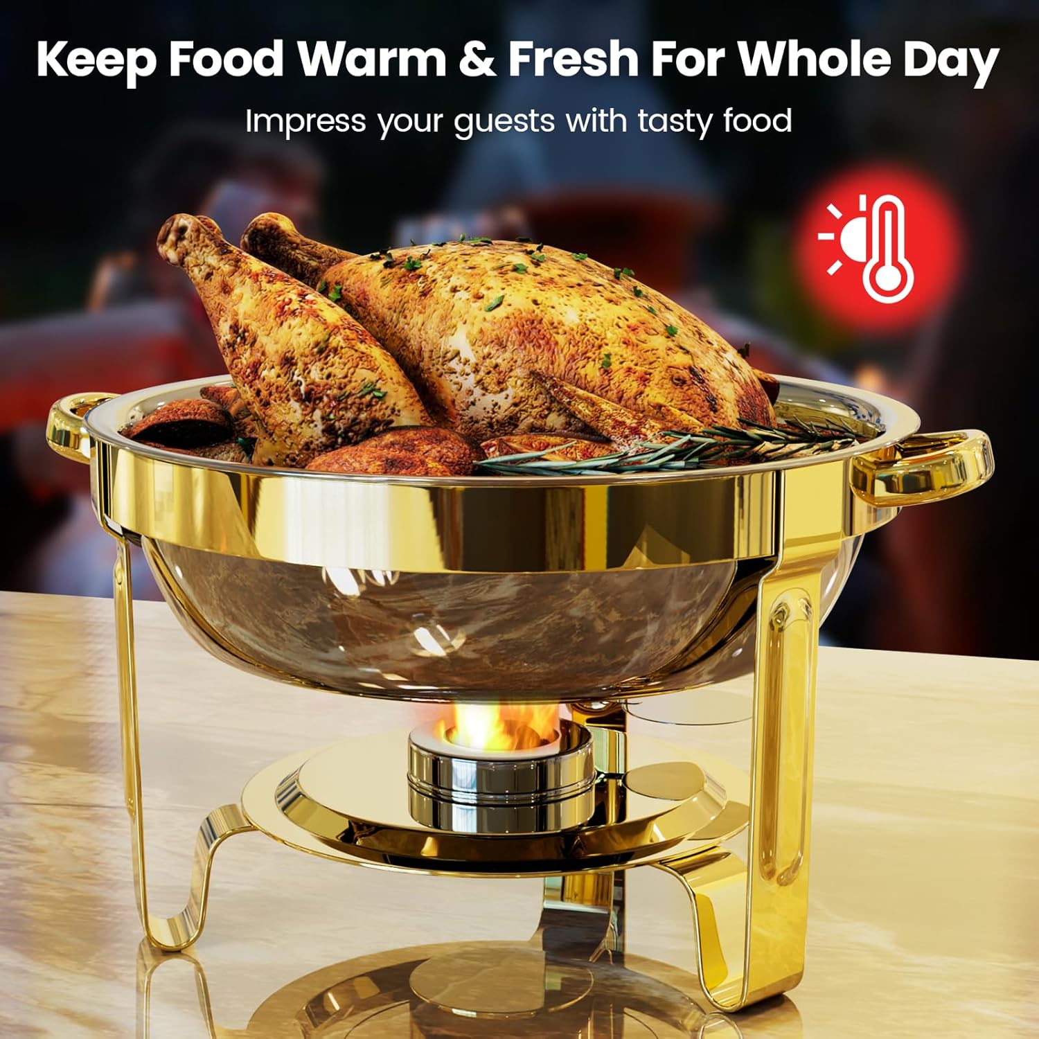 Detalle de Round Chafing Dishes for Buffet 4 Pack (6QT) – Gold Chafer Sets with Gloves, Spoons, Slotted Spoons & Tongs