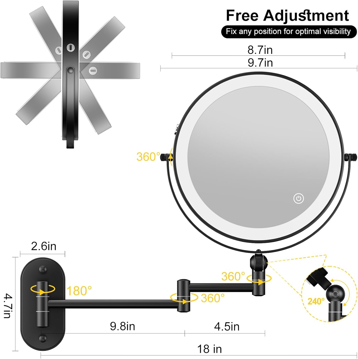 Thumbnail 5 de 9" Wall Mounted Lighted Makeup Mirror 4000mAh 💄
