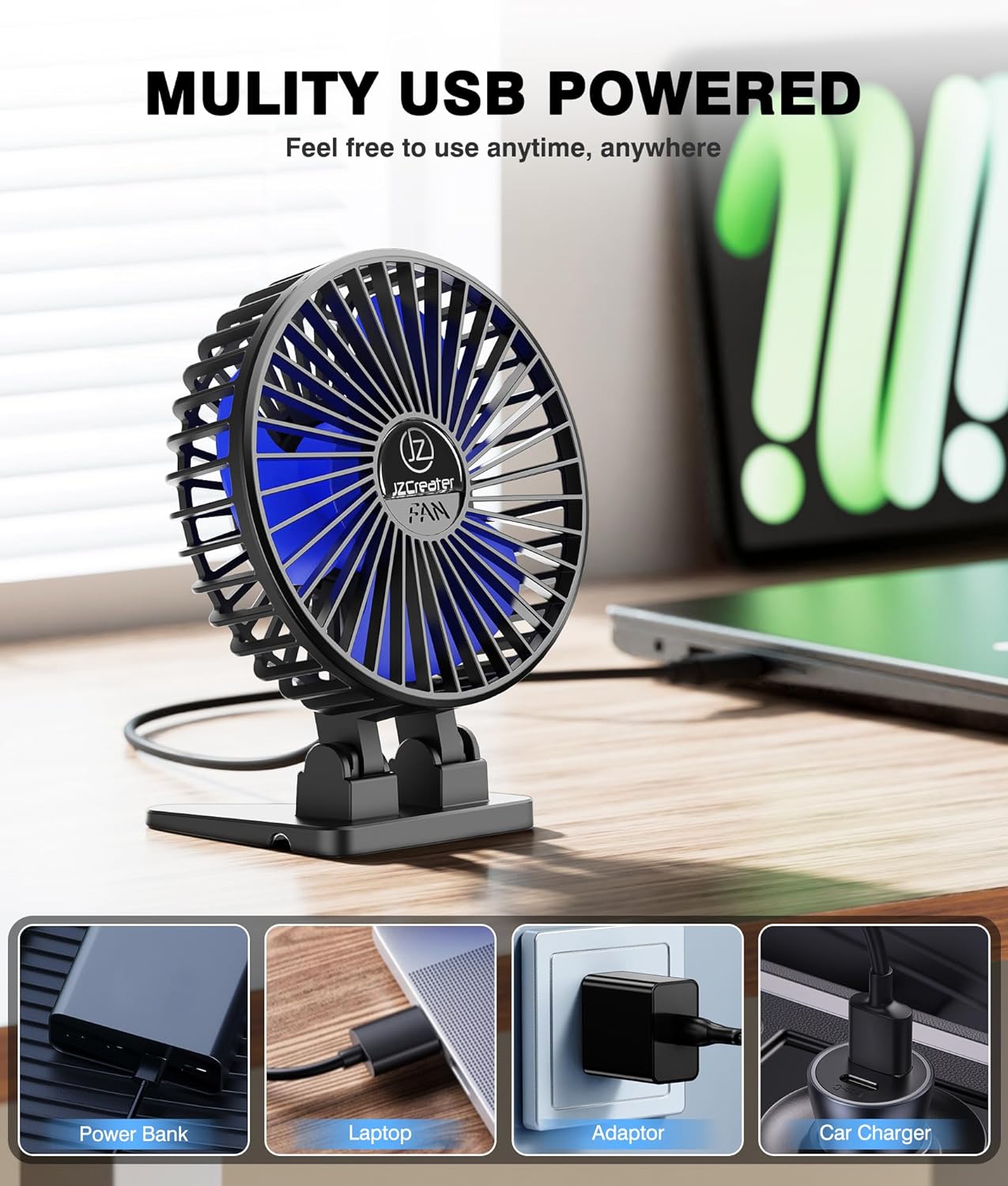 Detalle de JZCreater JZC-B01 USB Desk Fan, 3 Speeds, Compact Black Blue