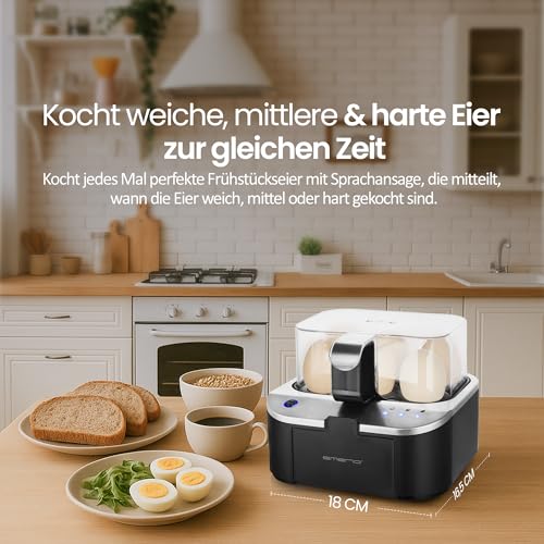 Detalle de EMERIO sprechender Eierkocher EB-123177.1 – 6 Eier, 3 Garstufen, Sprachansage, BPA-frei