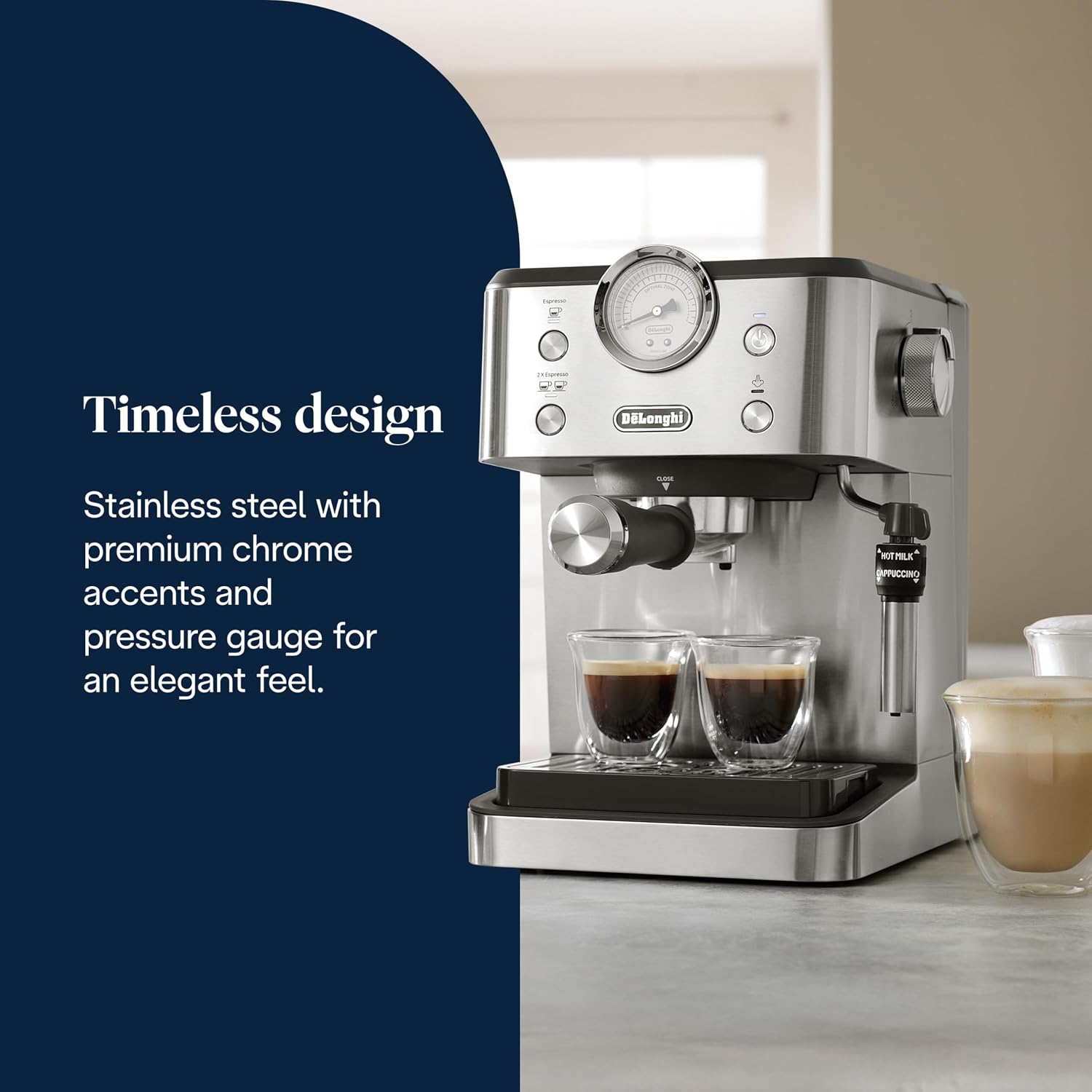 Detalle 2 de De'Longhi Siebträgermaschine Classic EM450.M – 15 Bar Druck, Vollmetallgehäuse, Thermoblock, 1,7 l Wassertank