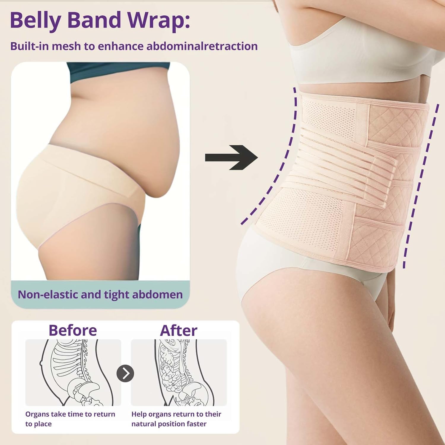Detalle de JOYNCLEON Ceinture de Grossesse Post-Partum avec Bande Pelvienne – Ventre Plat et Soutien Abdominal Réglable (Beige, Medium, <50 kg) pour voie basse et Césarienne