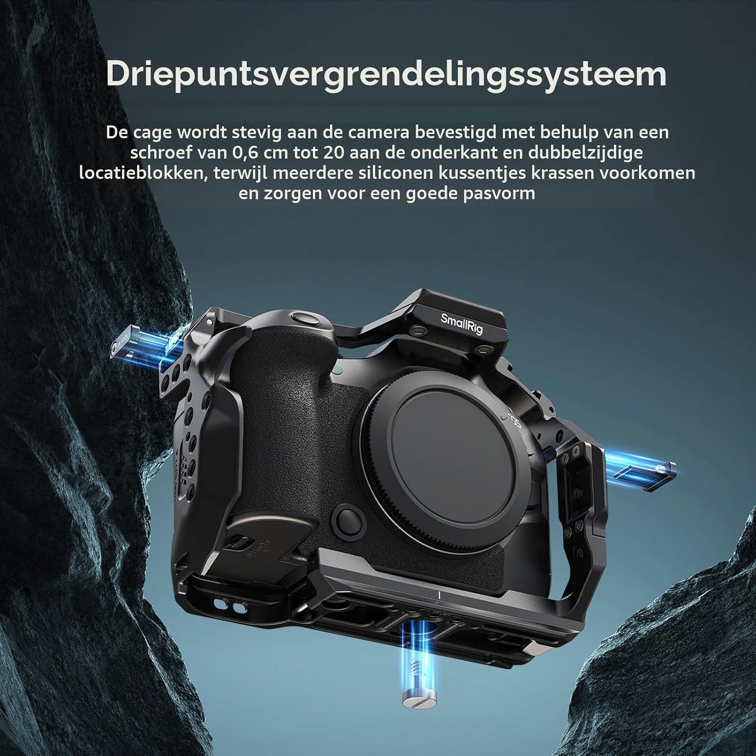 Detalle de SMALLRIG 5956 cagekit voor Canon EOS R6 Mark II met handgrepen en Arca-plaat
