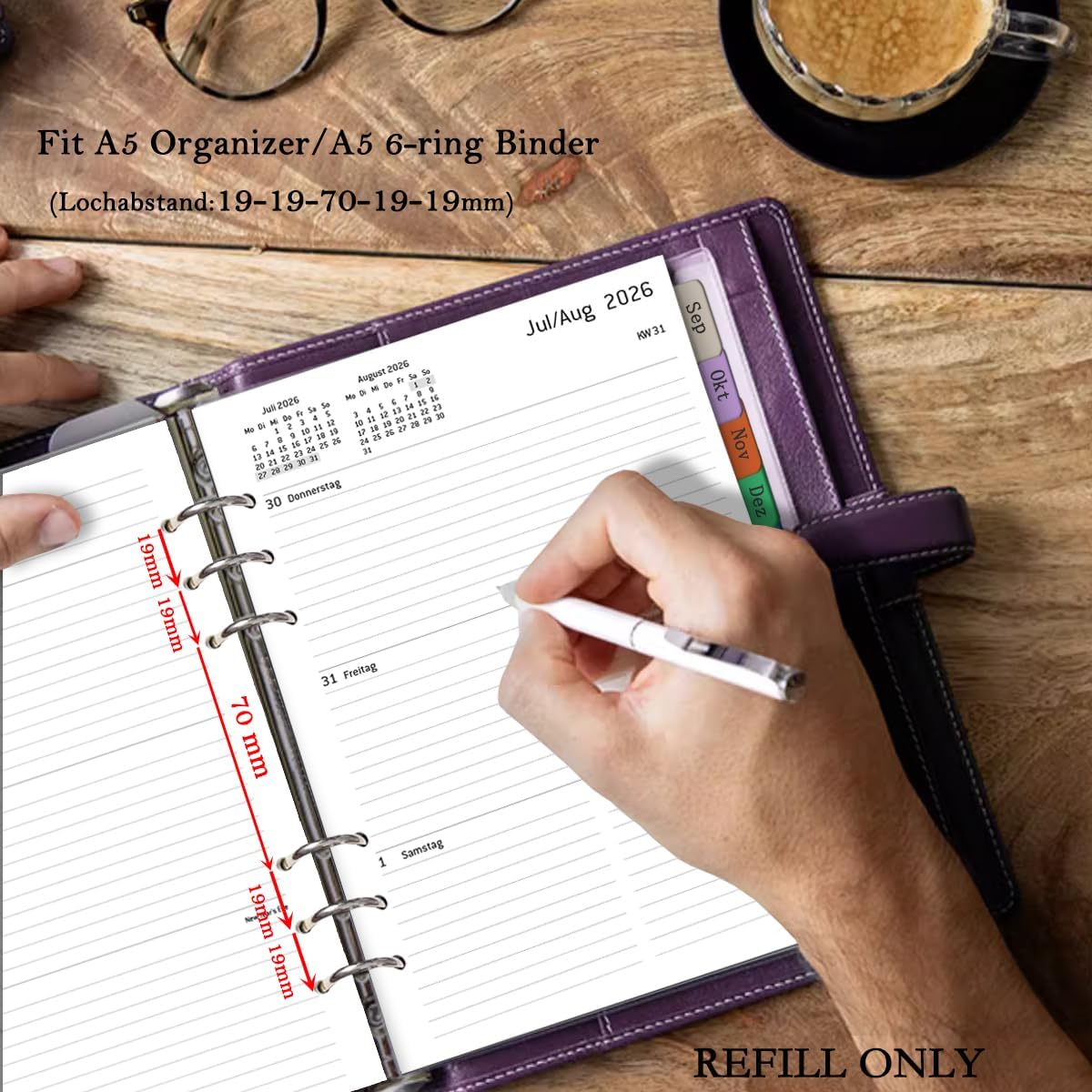 Thumbnail 1 de 2026/2027 Wochenplaner-Einlage A5 mit 6 Löchern – Kompatibel mit Filofax, August 2026 bis Juli 2027
