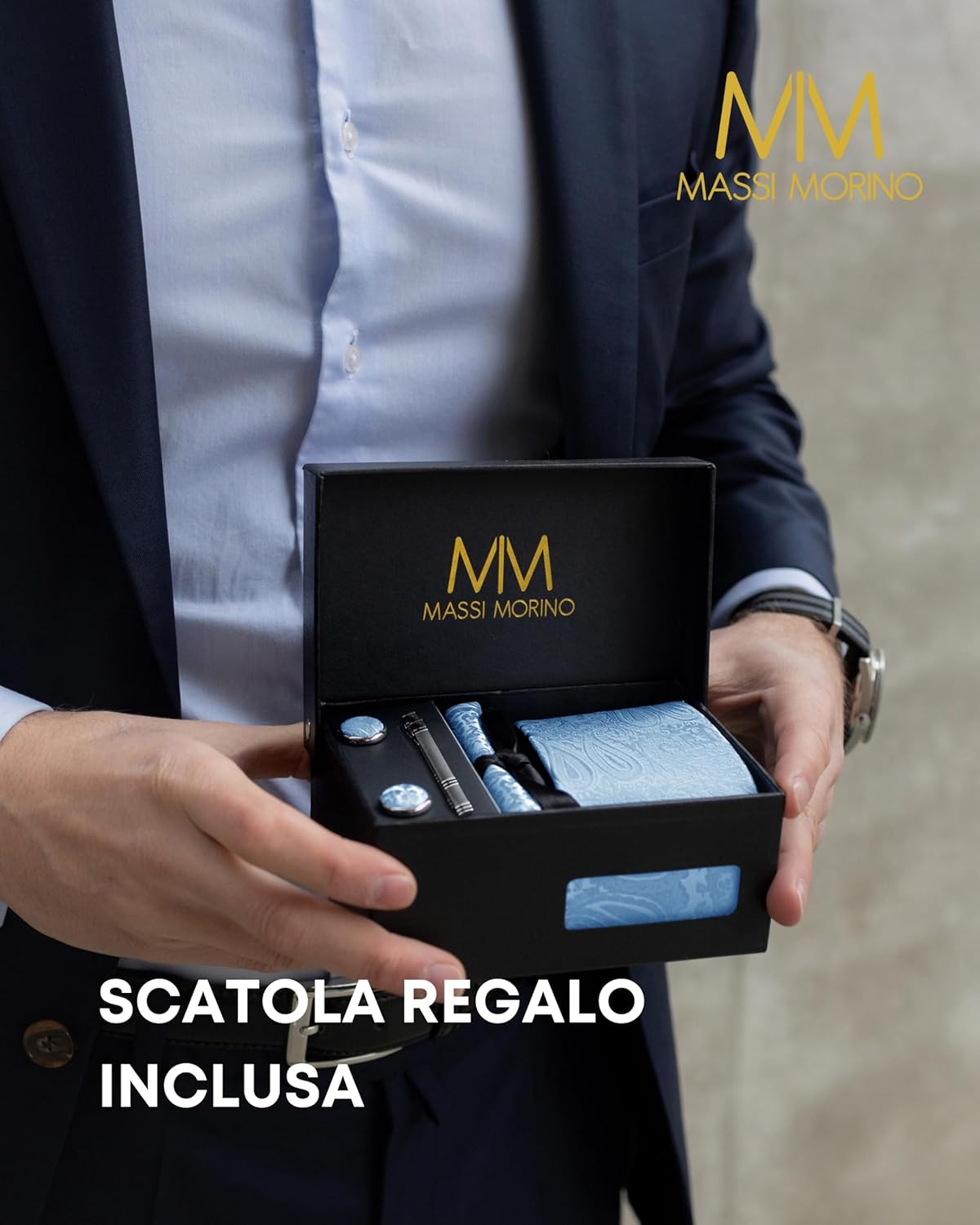 Thumbnail 4 de Massi Morino set cravatta, fazzoletto e gemelli con fermacravatta (parure regalo 5-in-1)