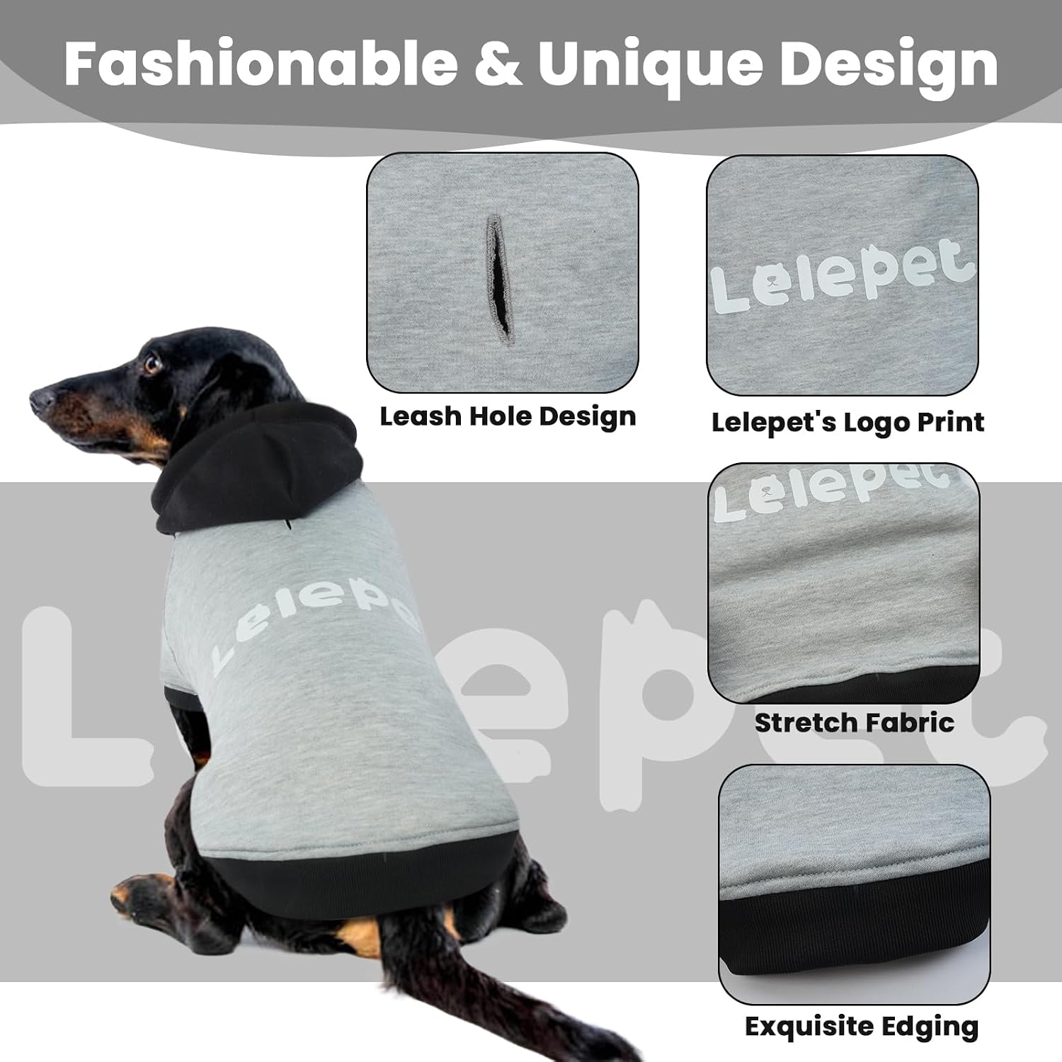 Detalle de LeLePet Dachshund Hoodie Grey L – warm cotton fleece dog sweatshirt with hoodie and lead hole
