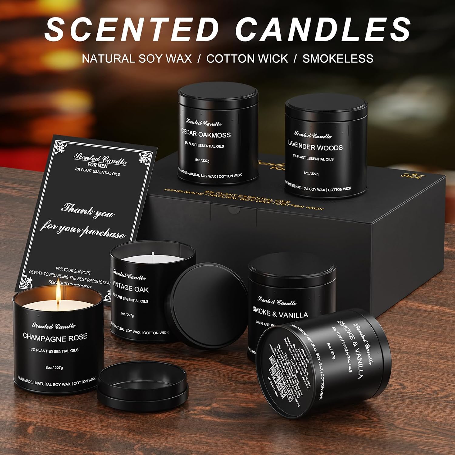 Detalle 2 de 6-Pack Scented Candles for Men – Whiskey Tobacco & More in a Premium Gift Box