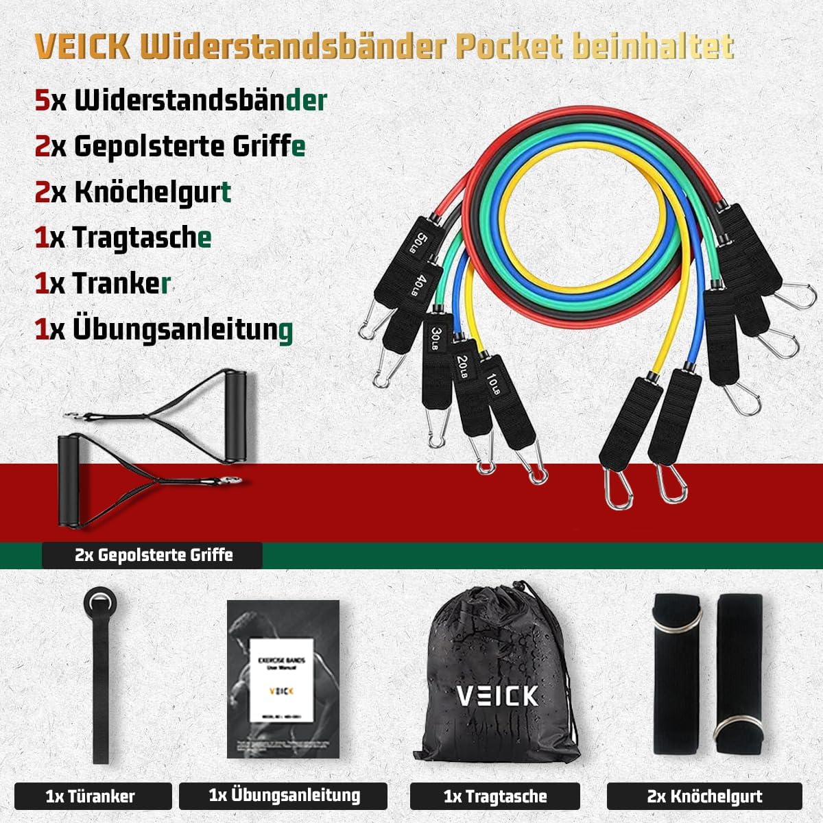 Thumbnail 1 de VEICK Widerstandsbänder-Set (5er) mit Griffen, Knöchelriemen und Türanker – Trainingsbänder fürs Heimtraining