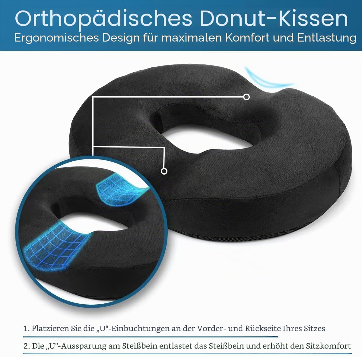 Detalle de Emoobin Donut Sitzkissen (45 cm) mit Memory-Schaum – Ringkissen für Bürostuhl & Zuhause, Schwarz