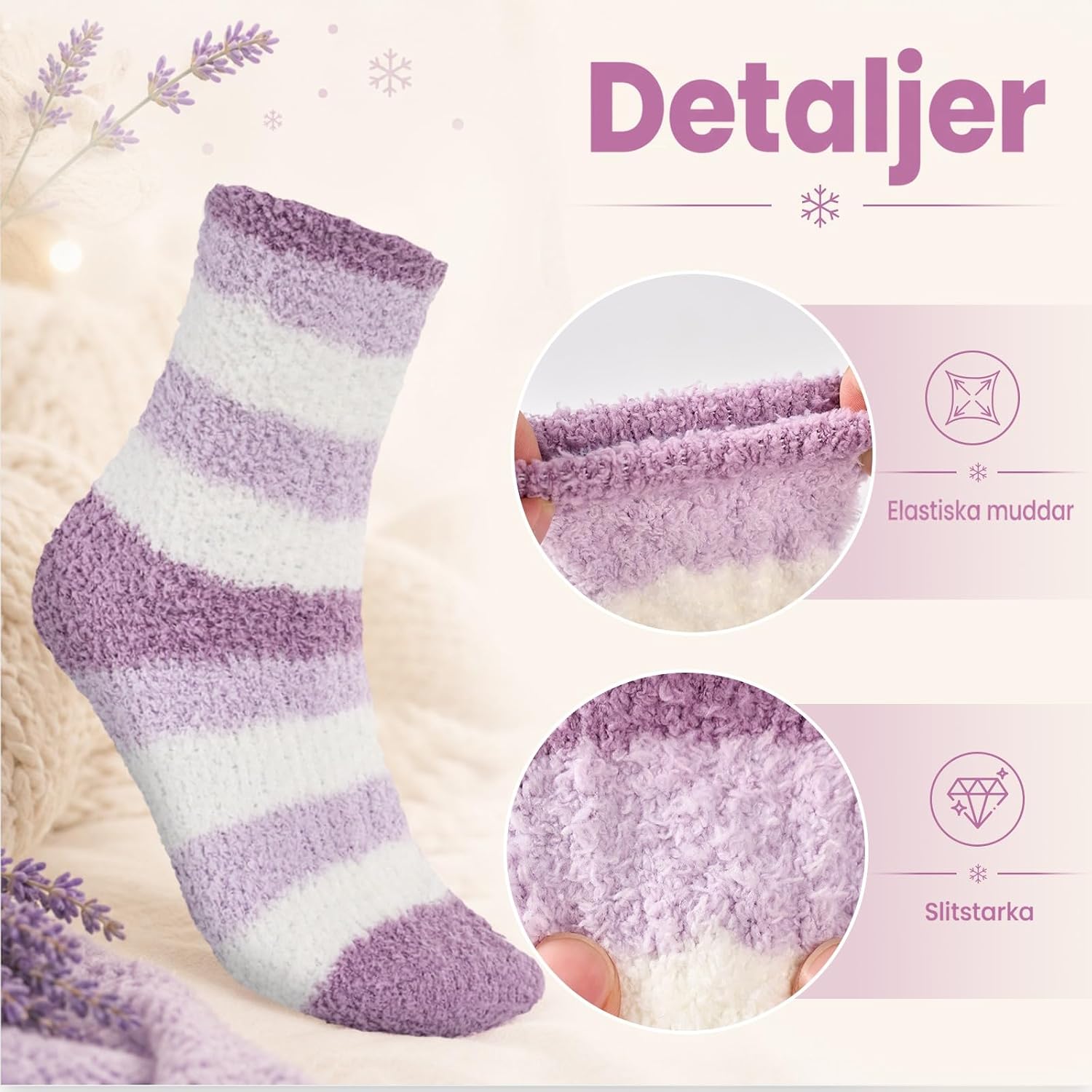 Detalle 2 de SockWaddles fluffiga strumpor för kvinnor, 5 par sängstrumpor med stretchig mudd