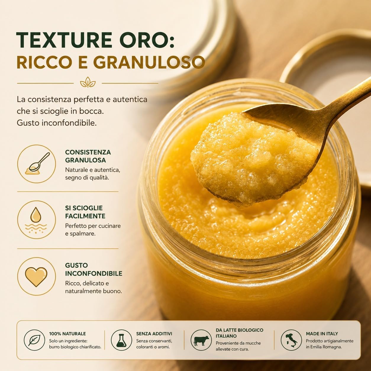 Detalle de Cibo Burro Ghee Biologico 500g: latte di Parma e Reggio Emilia, alta temperatura e digeribilità