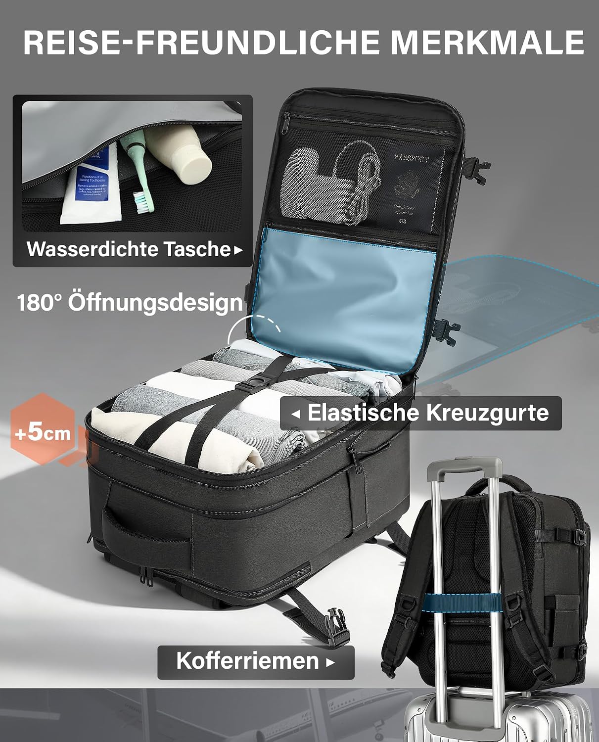 Detalle de VANKEV Sitzunter-Rucksack-Erweiterung 40×30×20 bis 40×30×25 cm (24–30 L) für Handgepäck