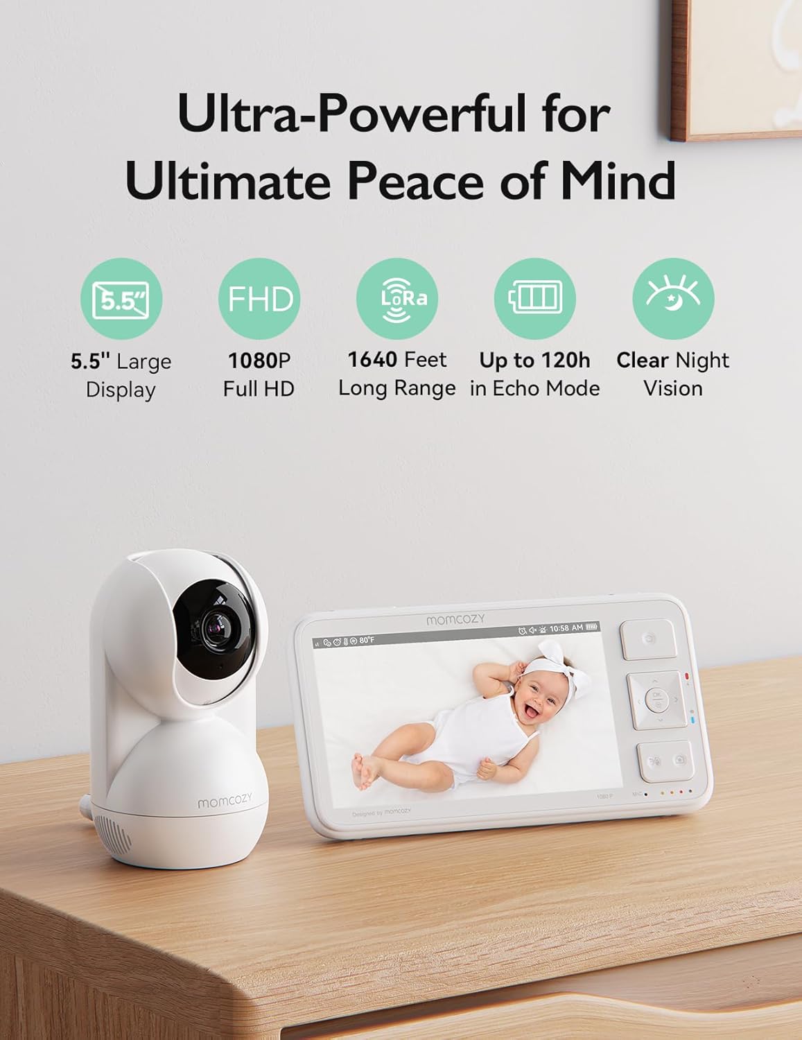 Thumbnail 1 de momcozy BM03 Video Baby Monitor (5.5-inch, 1080P, no WiFi) with Camera, IR Night Vision & 5800mAh battery
