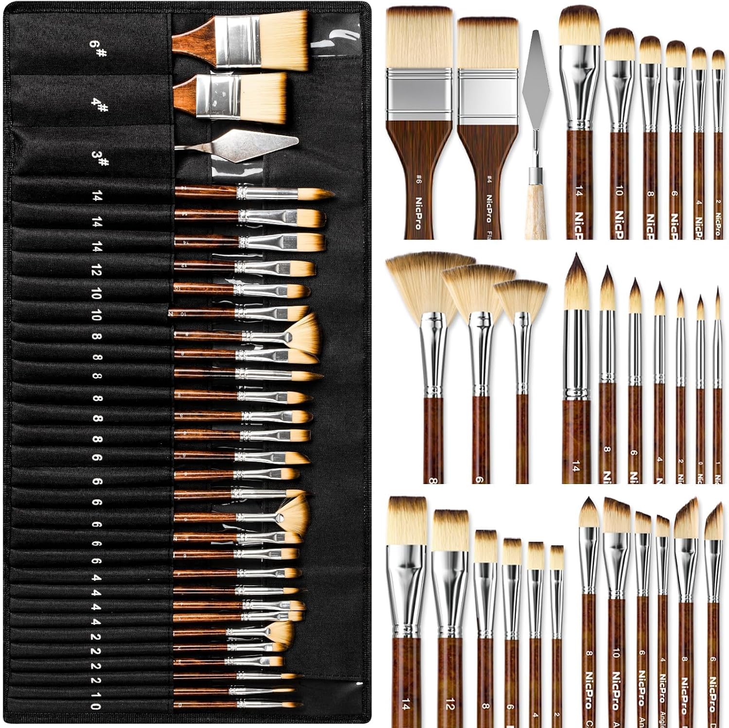 Detalle de Nicpro 30 Stück Pinselset – Acryl-, Öl- und Aquarellpinsel im Set mit Farbspachtel und Pinselrolle