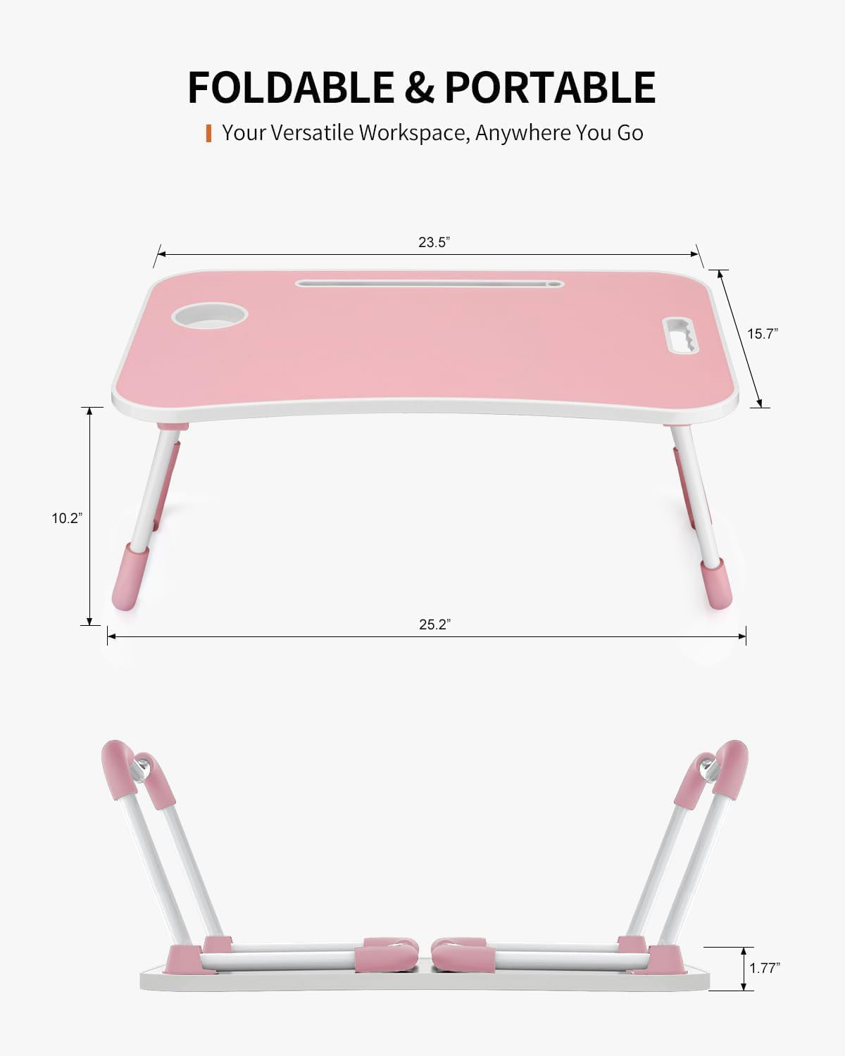 Detalle de FISYOD FIS03 Foldable Laptop Table, Light Pink, Cup Holder and Tablet Slot