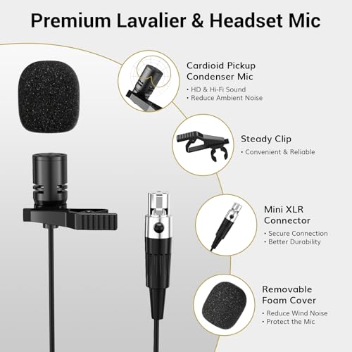 Detalle de TONOR TW621 UHF Kabelloses Mikrofon-Set mit Headset, Lavalier und Bodypack – 60 m Reichweite