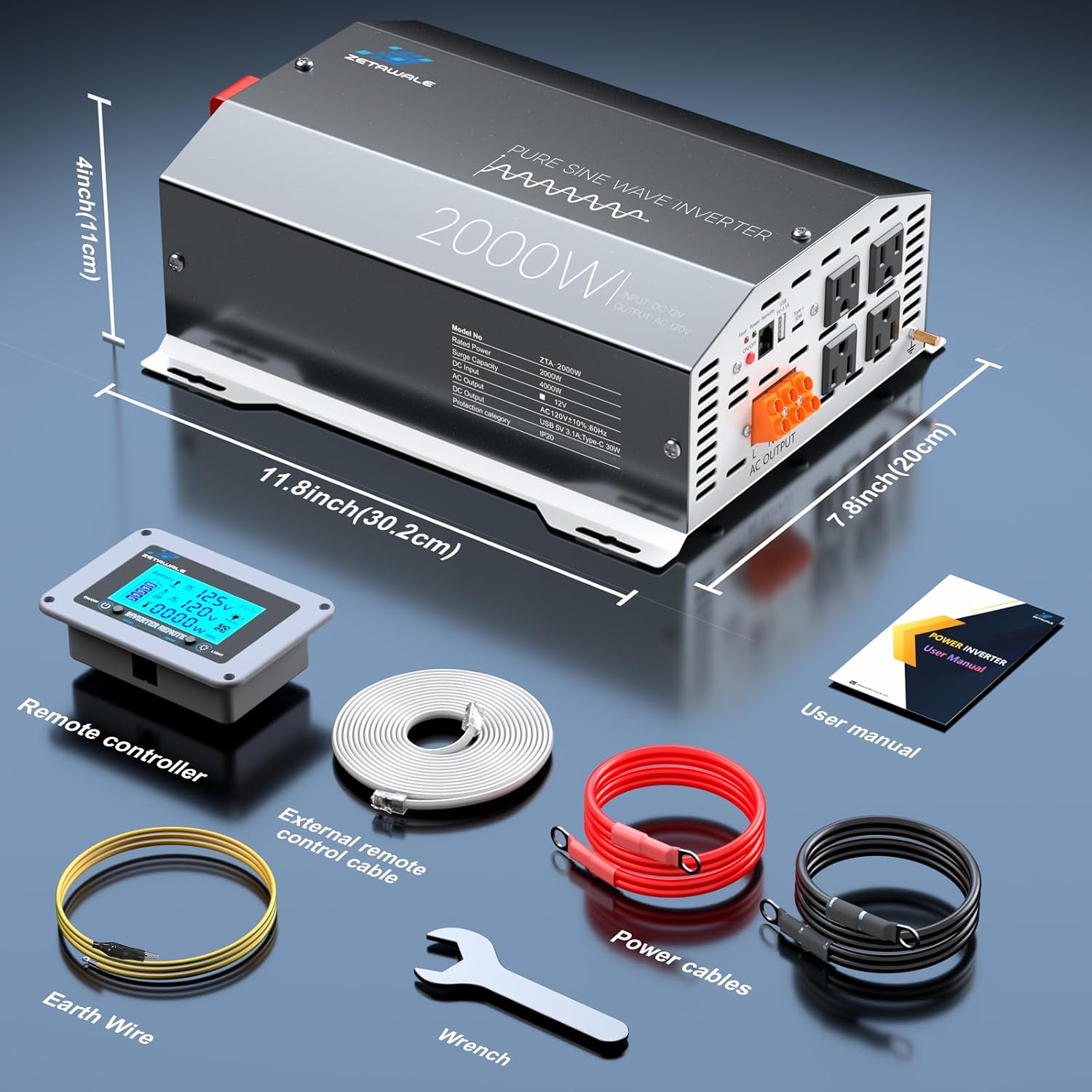 Thumbnail 6 de ZETAWALE 2000W Pure Sine Wave Inverter (12V DC to 110/120V AC) with LCD Remote, USB & Type-C, 4 AC Outlets