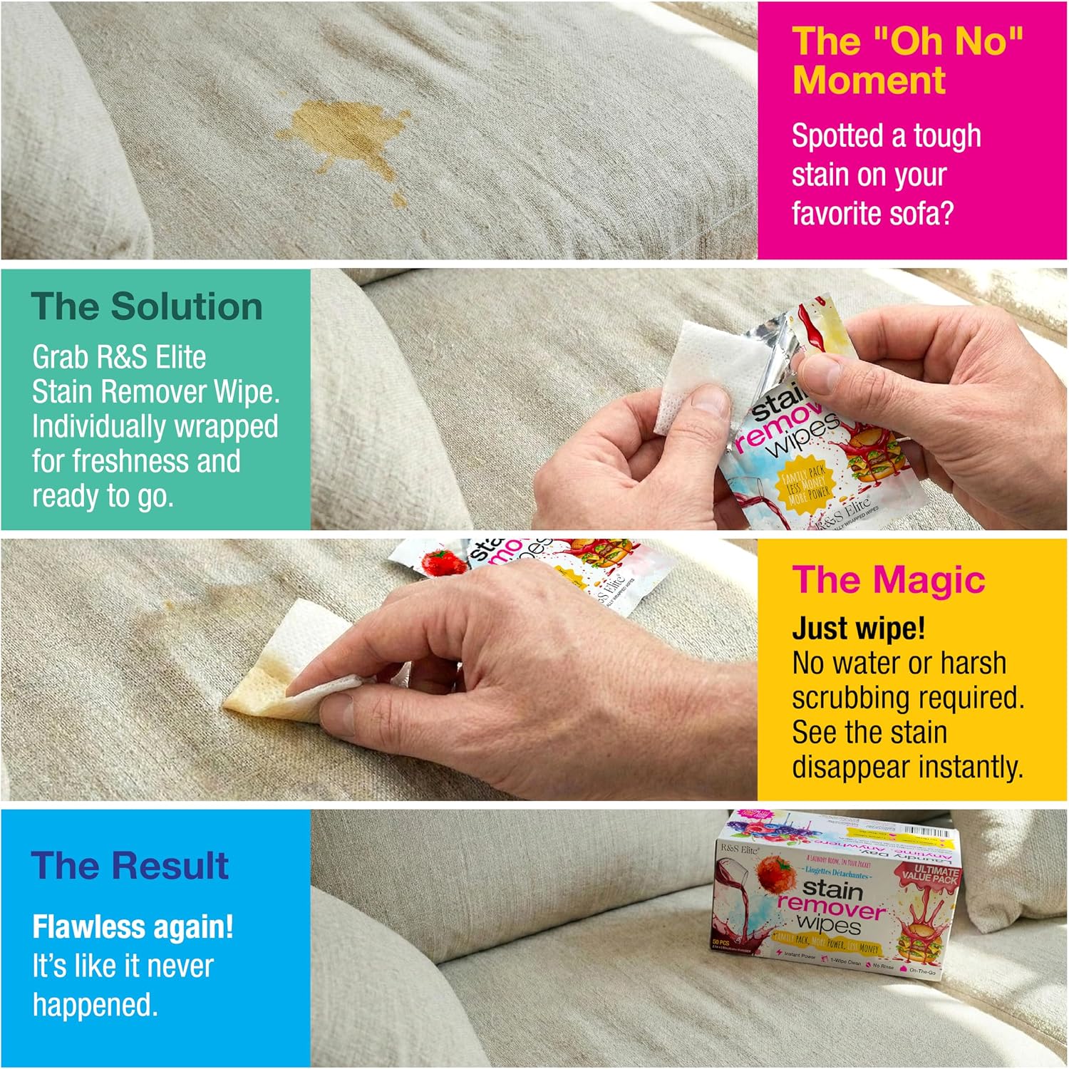 Detalle 2 de R&S ELITE Stain Remover Wipes, 50 Individually Wrapped, Bleach-Free Sheets