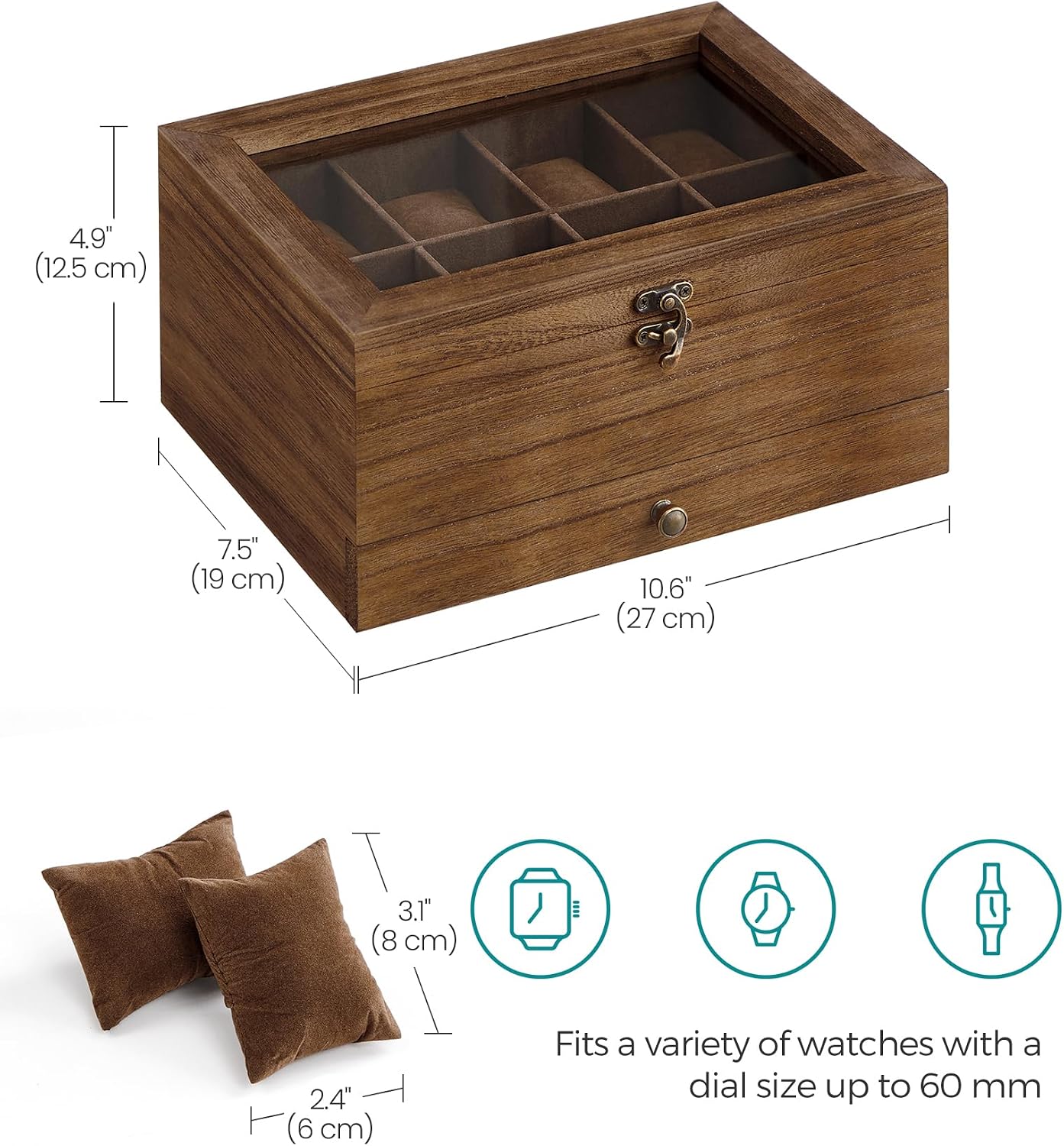 Detalle de SONGMICS JOW008K01 Rustic Walnut 8-Slot Watch Box with 2 Tiers and Glass Lid
