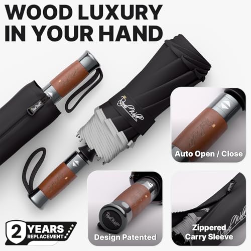 Detalle de Royal Walk Folding Travel Umbrella with Vented Canopy, Reflective Strip & Wood Handle