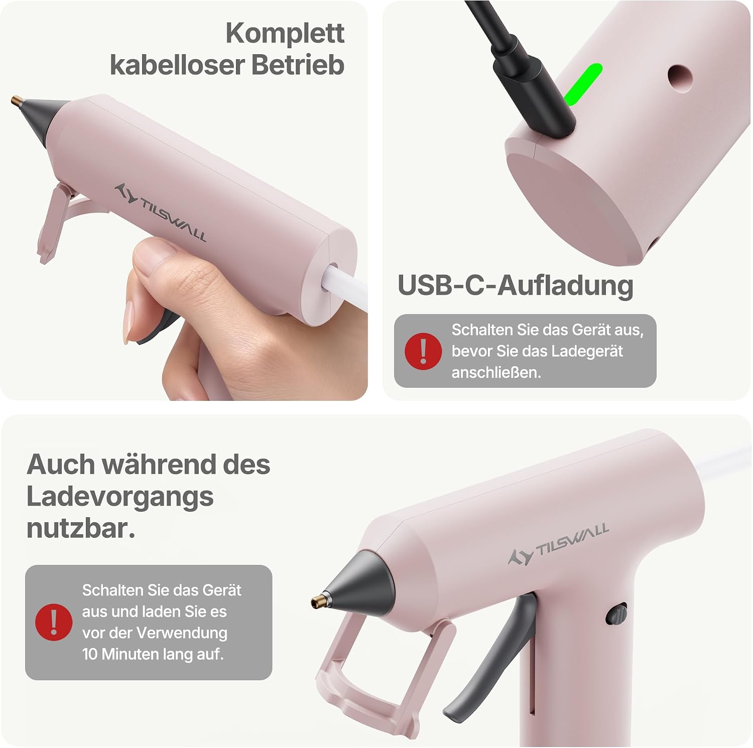Detalle de Tilswall Kabellose Heißklebepistole – Mini, 2000 mAh Akku, 170 °C, 40–60 min Laufzeit, 20 Klebestifte, Rosa