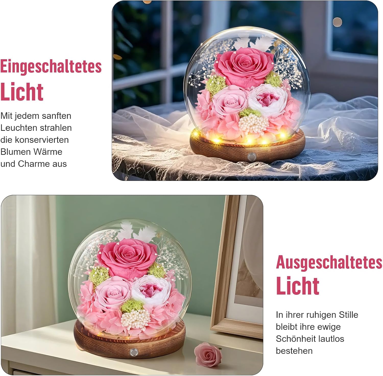 Detalle 2 de Ewige Rose im Glas mit LED-Licht – Infinity Rose in Glaskuppel