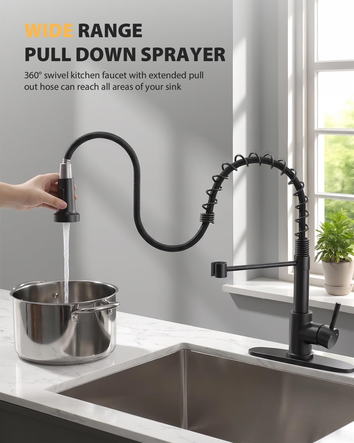 Detalle de Hiqufet HQ688MB Kitchen Faucet with Pull-Down Sprayer, 360° Swivel, Brushed Black