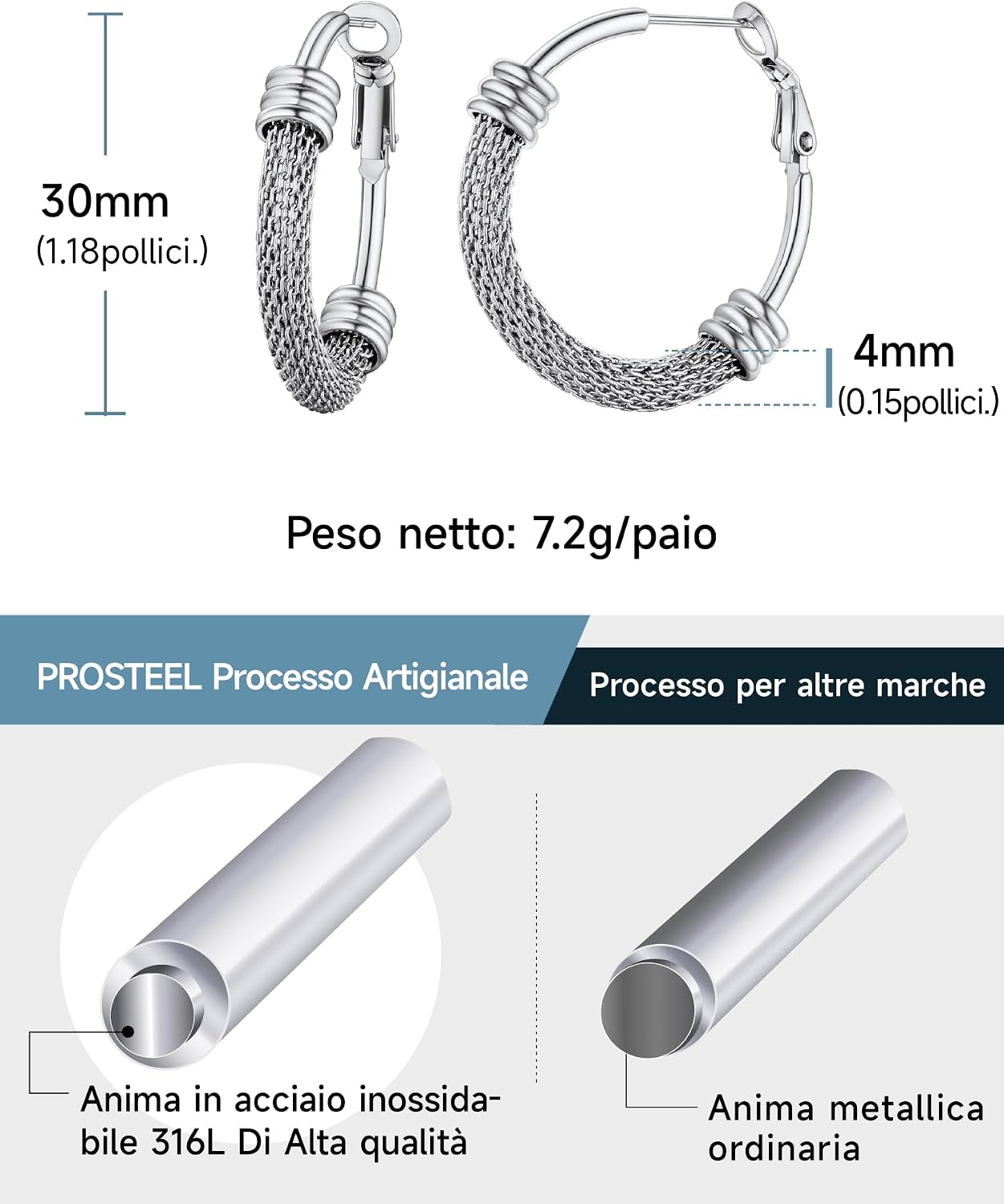 Detalle de PROSTEEL Orecchini cerchio a maglia metallica in acciaio ipoallergenico 316L, varie dimensioni