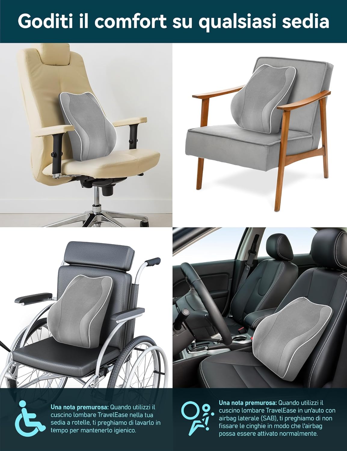 Thumbnail 6 de Travel Ease Cuscino Lombare Ergonomico in Schiuma di Memoria con doppie cinghie regolabili (grigio)