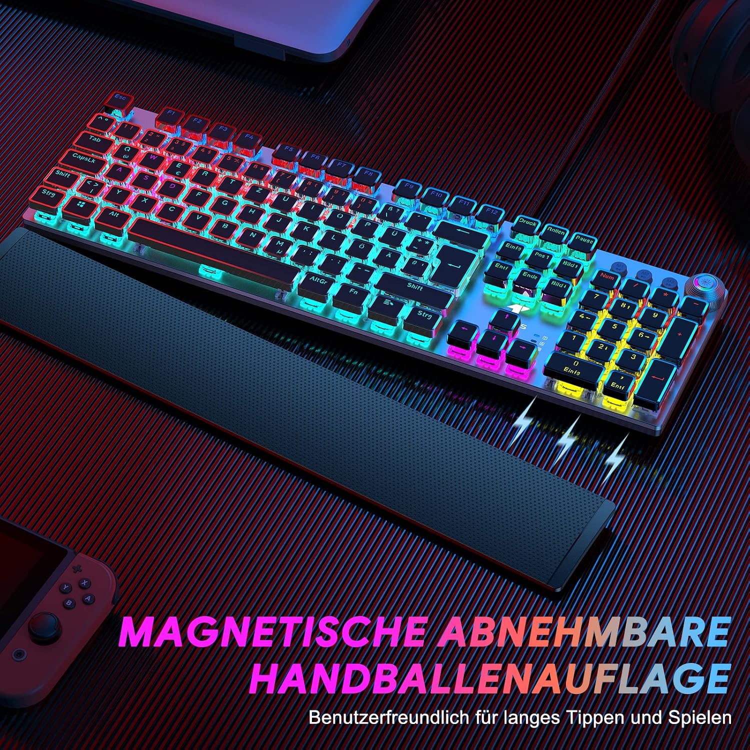 Thumbnail 1 de TECURS Mechanische Gaming Tastatur – QWERTZ mit magnetischer Handgelenkauflage, 105 Tasten, rote Schalter, 19 LED Modi