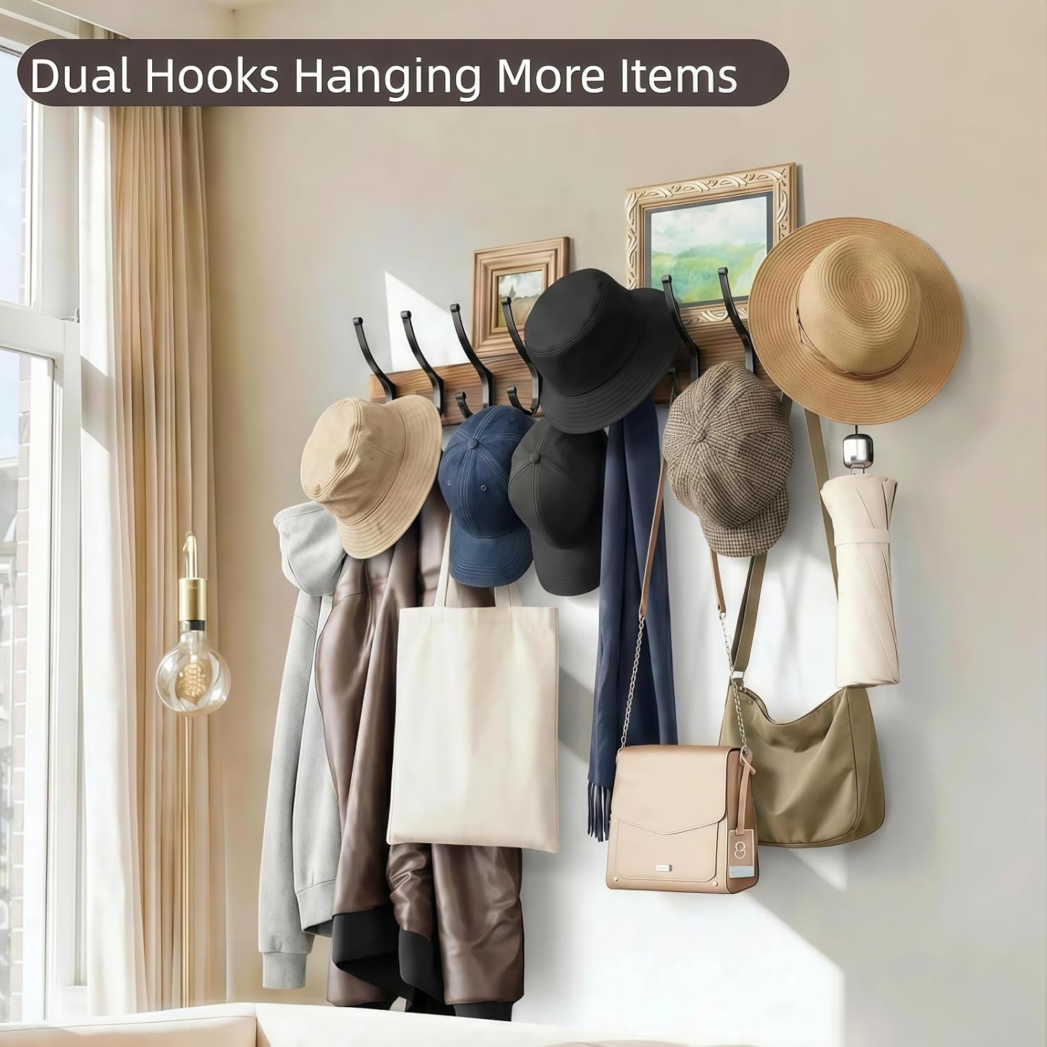 Detalle de Optish coat hooks3 Wooden Wall Coat Rack, 10 Double Hooks, Rustic Brown