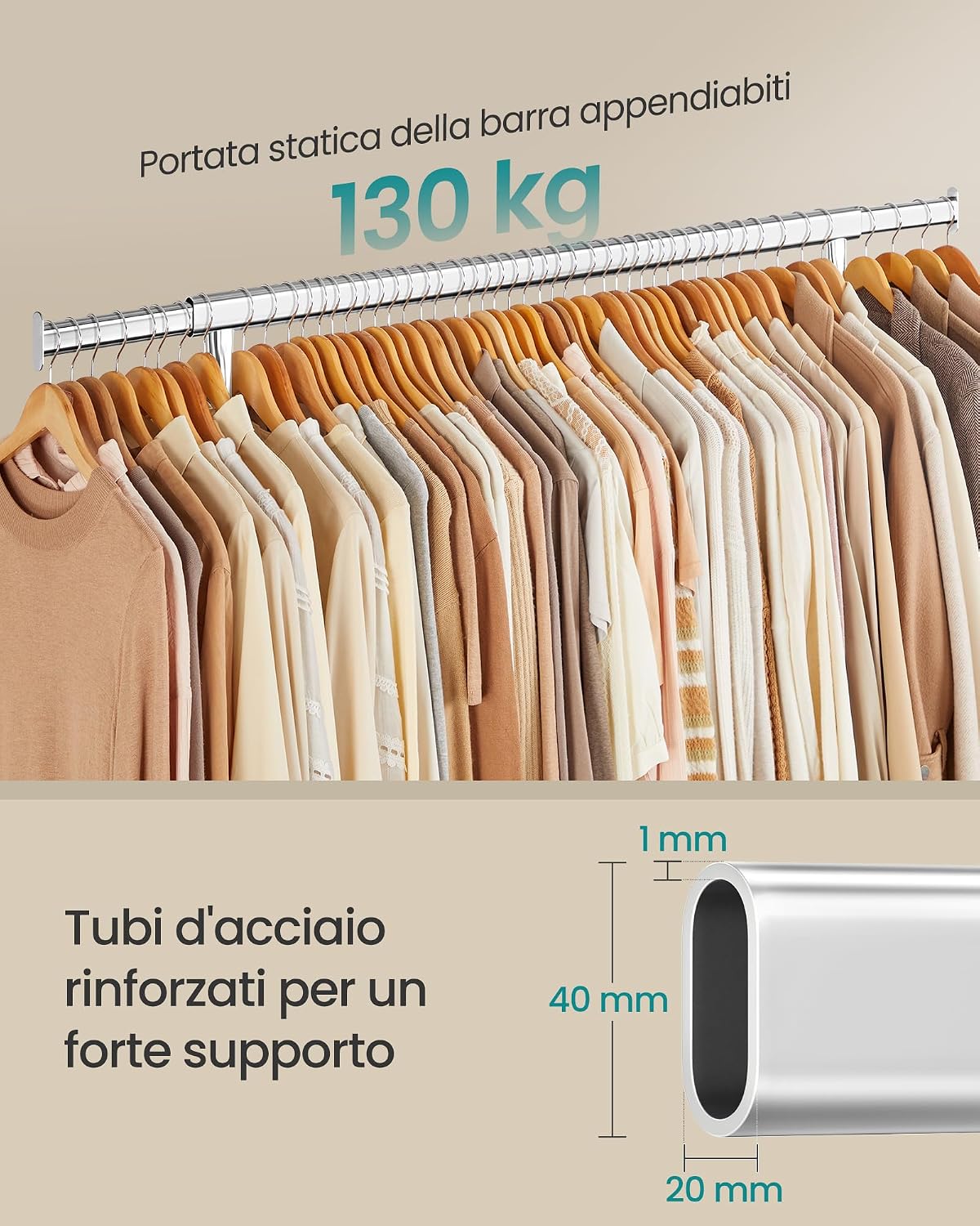 Thumbnail 2 de SONGMICS HSR11S stand appendiabiti con rotelle e barra estensibile, portata 130 kg