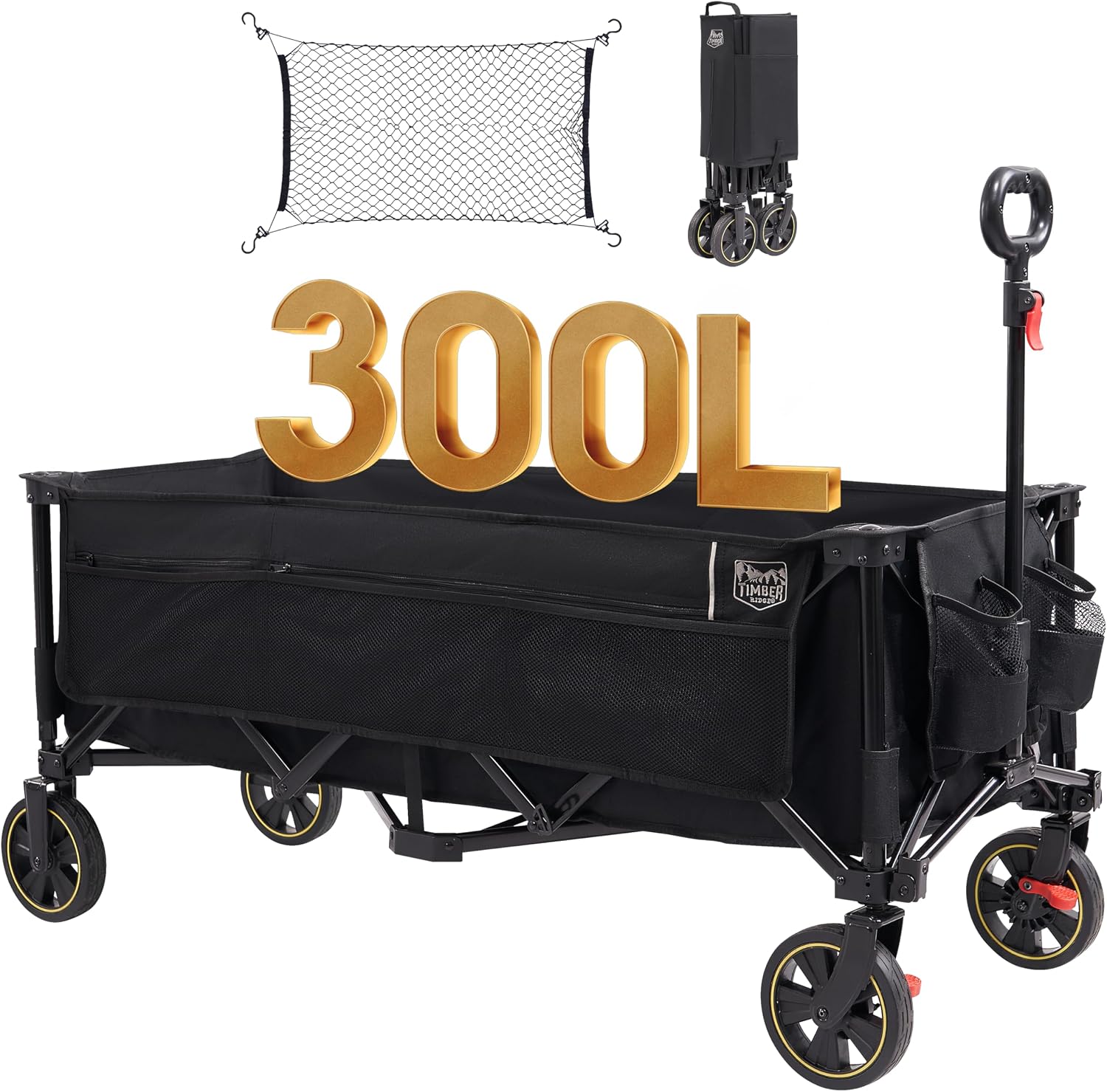 Detalle de TIMBER RIDGE XXXL Faltbarer Transportwagen 300 L, 160 kg Tragfähigkeit, verstellbarer Griff, Netz als Fallschutz, Getränkehalter, Bremse – Schwarz