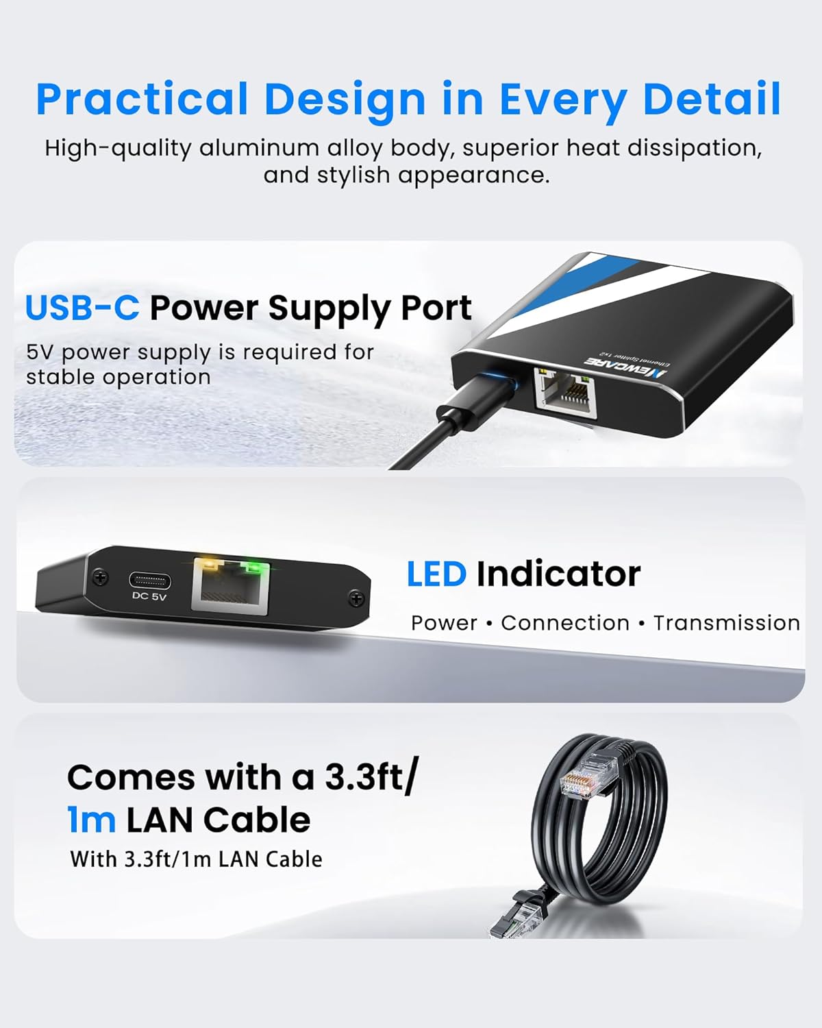 Detalle 2 de NEWCARE RJ45 Ethernet Splitter 1000Mbps for 2 devices