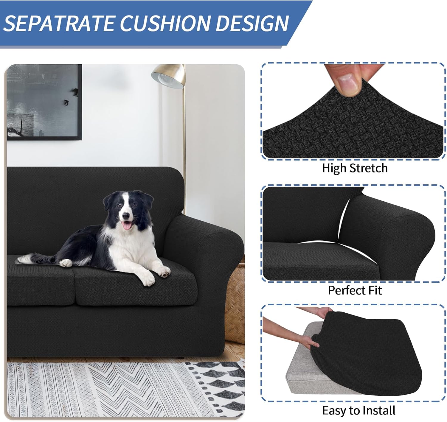Detalle de JIVINER 021 4-Piece Sofa Cover for 3 Cushions, Stretch Jacquard, Black