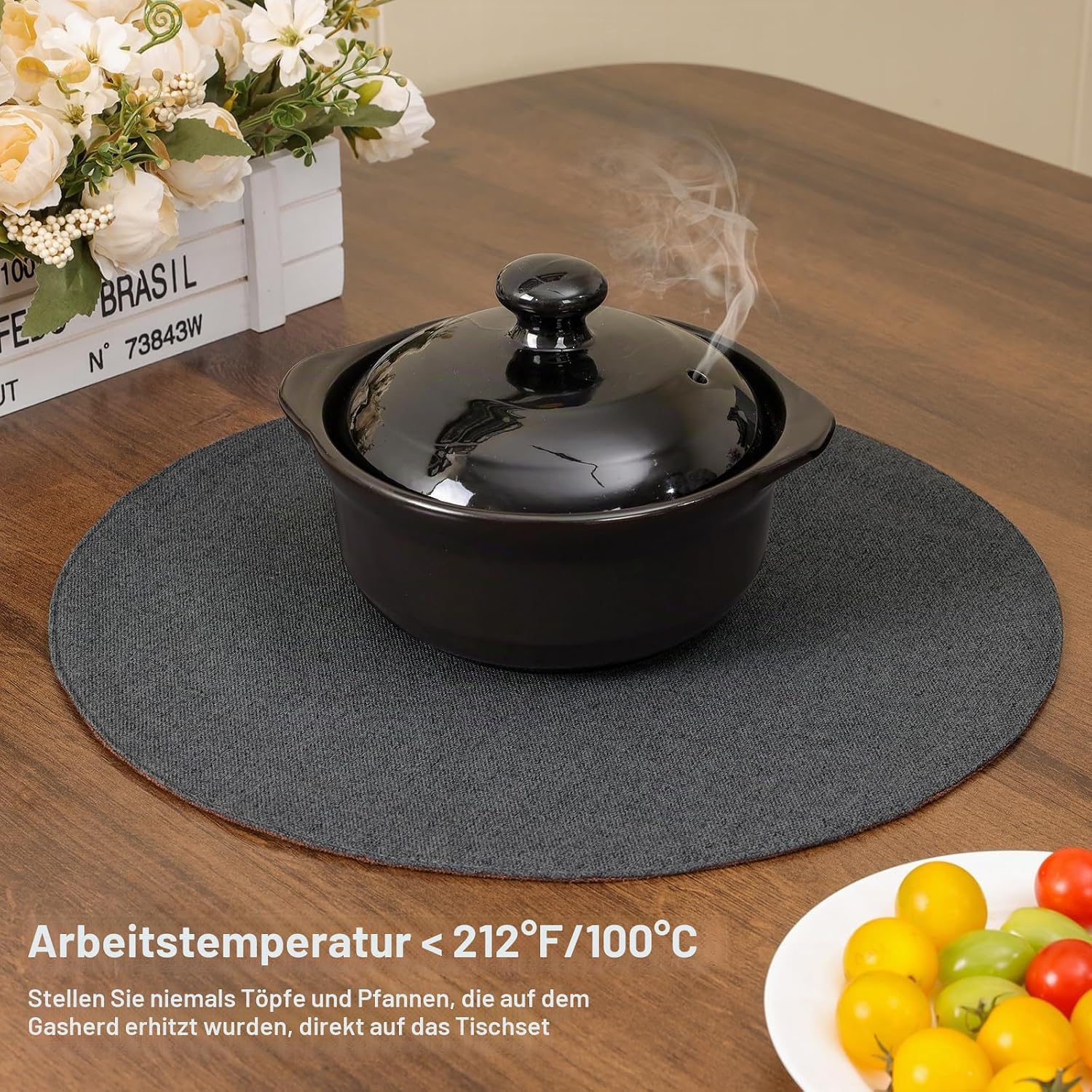 Detalle de Banchif Tischsets 38 cm Rund – Leinenimitat, 8er Set, beidseitig nutzbar, rutschfest und abwaschbar (Grau-Schwarz)