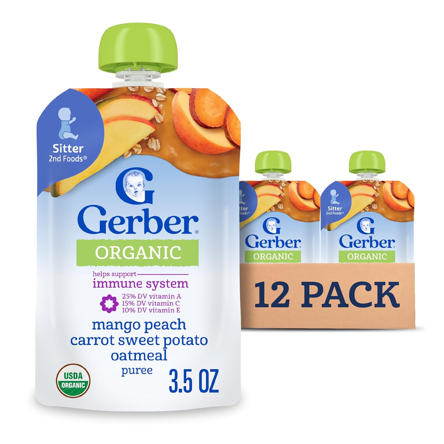 Detalle de Gerber Organic Mango Peach Sweet Potato Oat Pouches, 3.5 oz, 12-Pack