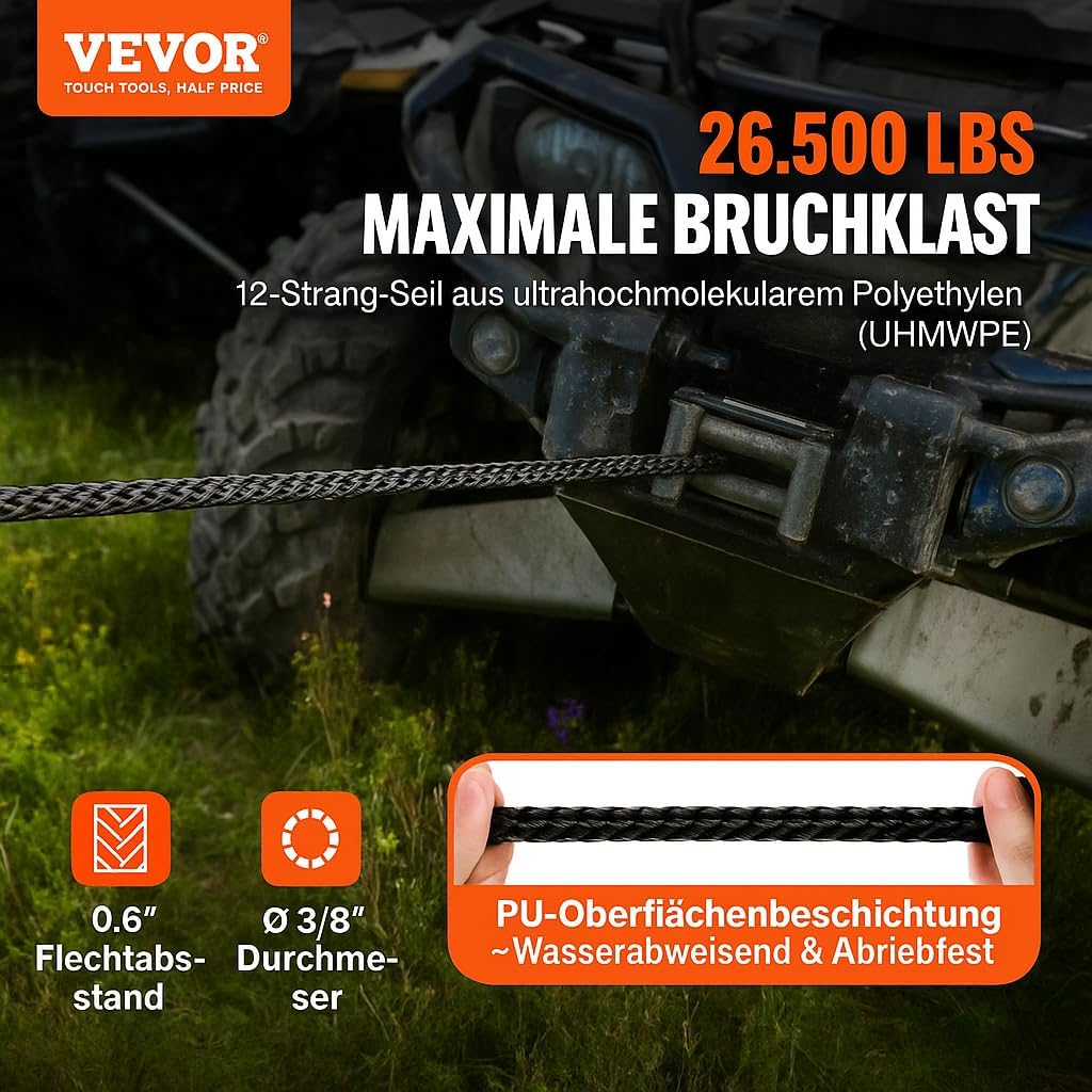 Thumbnail 1 de VEVOR 3/8 in x 100 ft Synthetic Winch Rope with Protective Sleeve, Hook & Pull Strap — 26,500 lbs Break Strength