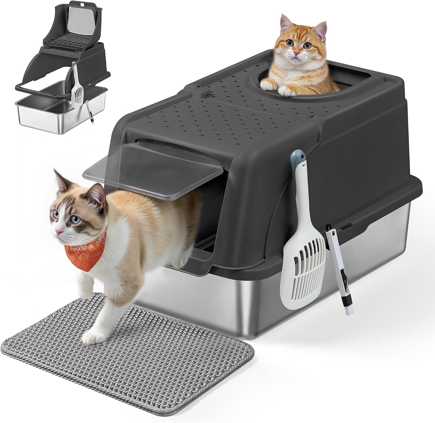 Thumbnail 6 de Feandrea Bac à Litière pour Chat en Acier Inoxydable – Grand modèle avec couvercle basculant et double entrée