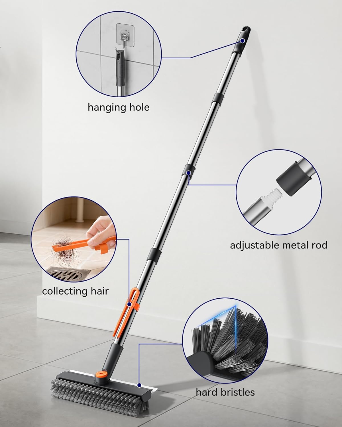 Thumbnail 4 de HelpX Small Floor Scrub Brush with Adjustable Long Handle — 3-in-1 Scrubber with Squeegee and Tweezer