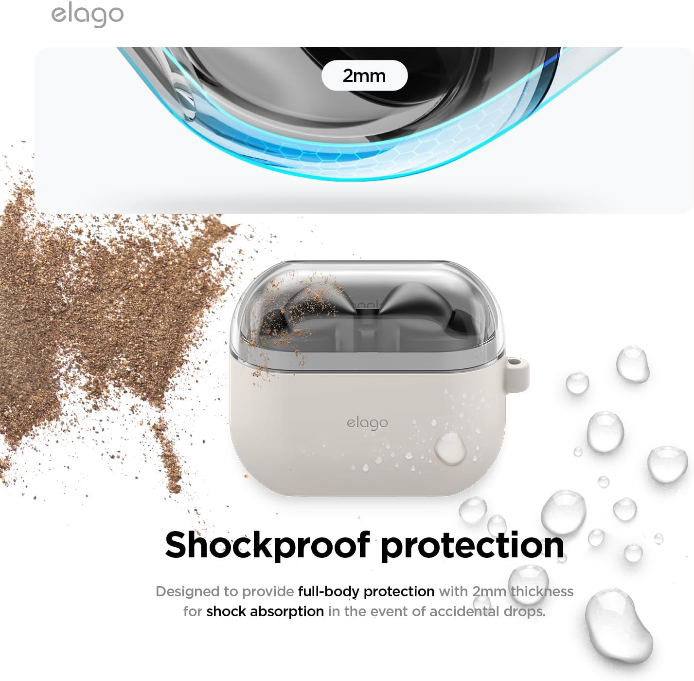 Detalle de elago Coque Duo en silicone premium + TPU pour Samsung Galaxy Buds 3 / 3 Pro / 3 FE (Stone) avec mousqueton