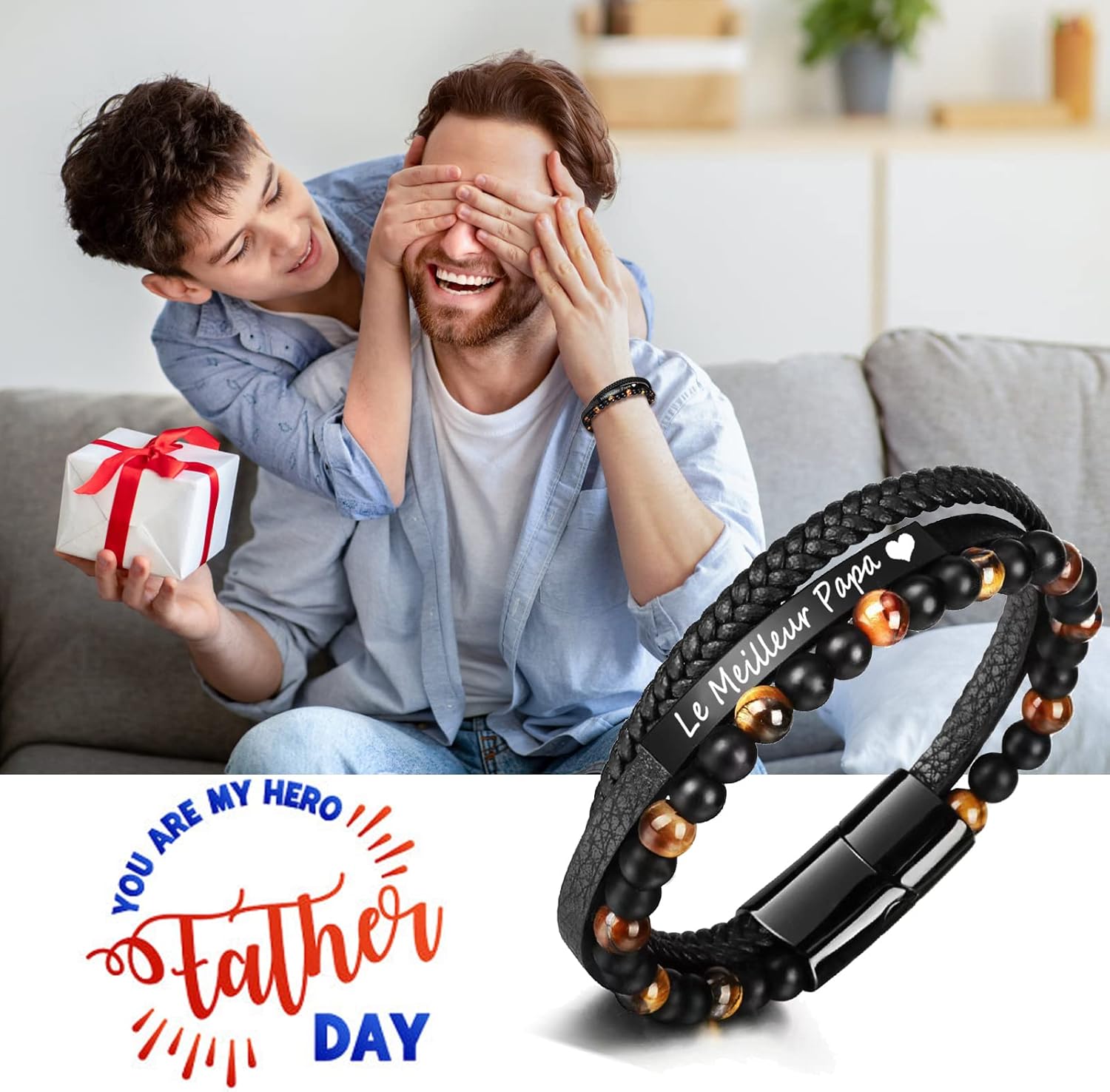 Detalle 2 de Jbniuay Cadeau Homme - Bracelet en cuir avec perles naturelles et œil de tigre, gravé Papa