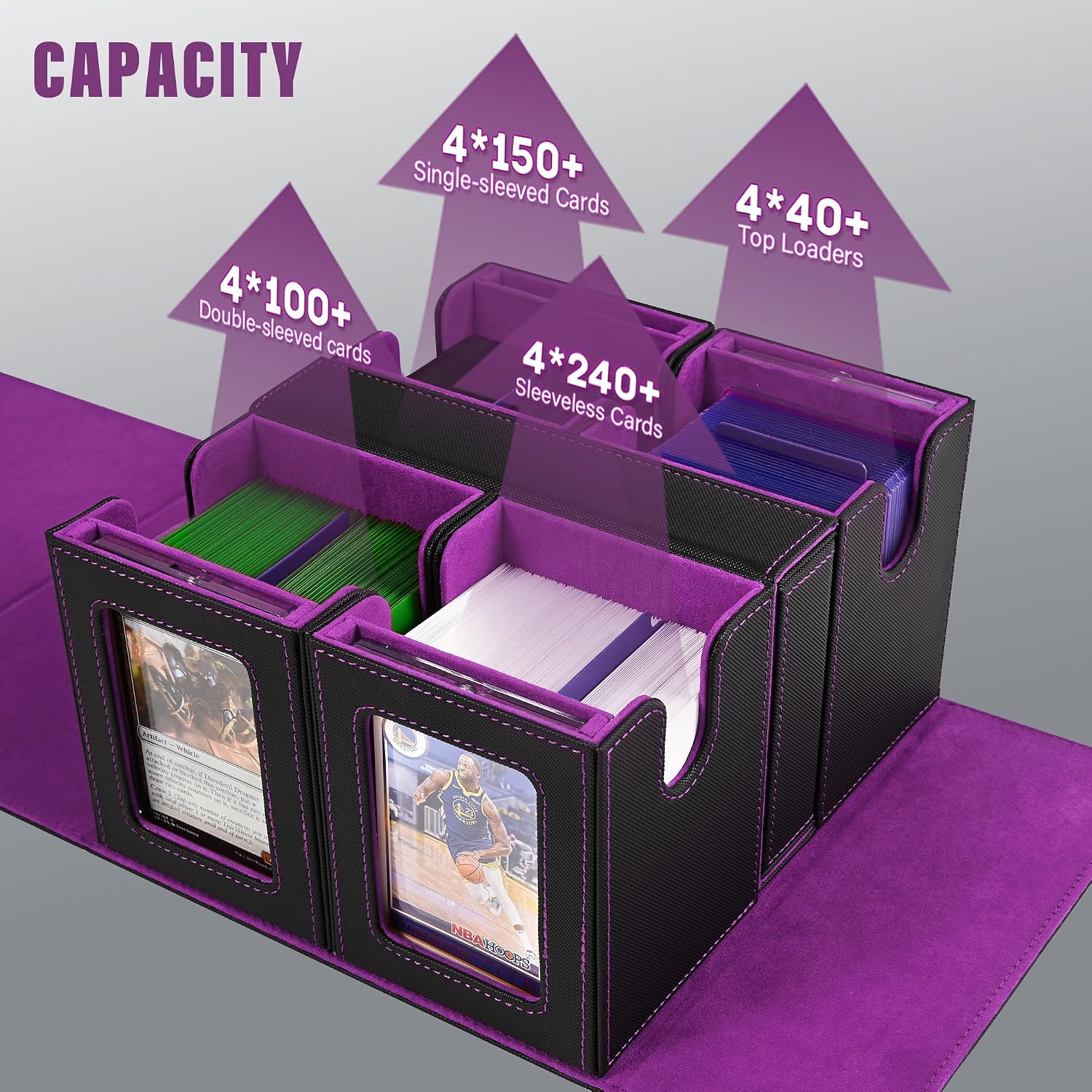 Thumbnail 2 de Kabinka Card Deck Box for MTG Commander (4 Magnetic Card Cases + Dice Tray) — Holds 400+ Double-Sleeved Cards, Black/Purple