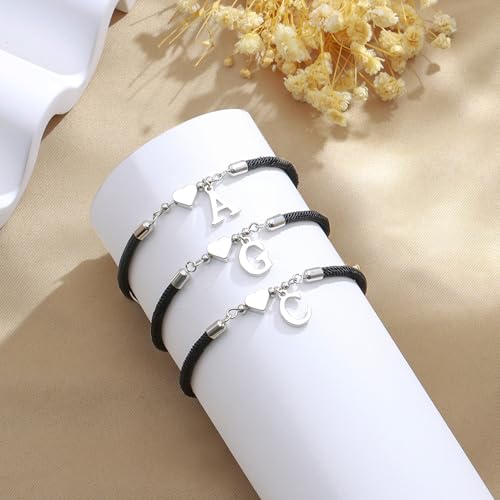Detalle de Suonie Pulsera de Iniciales con Corazón de Plata y Cuerda Trenzada – Ajustable (3"–10")