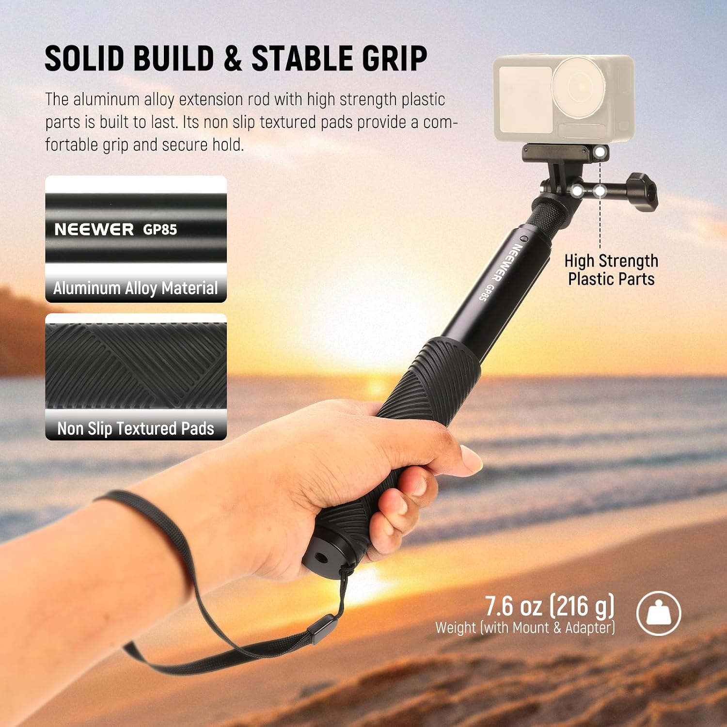 Detalle de NEEWER GP-85 Extension Rod Kit: 47.6" invisible selfie stick for action cameras with quick release mount