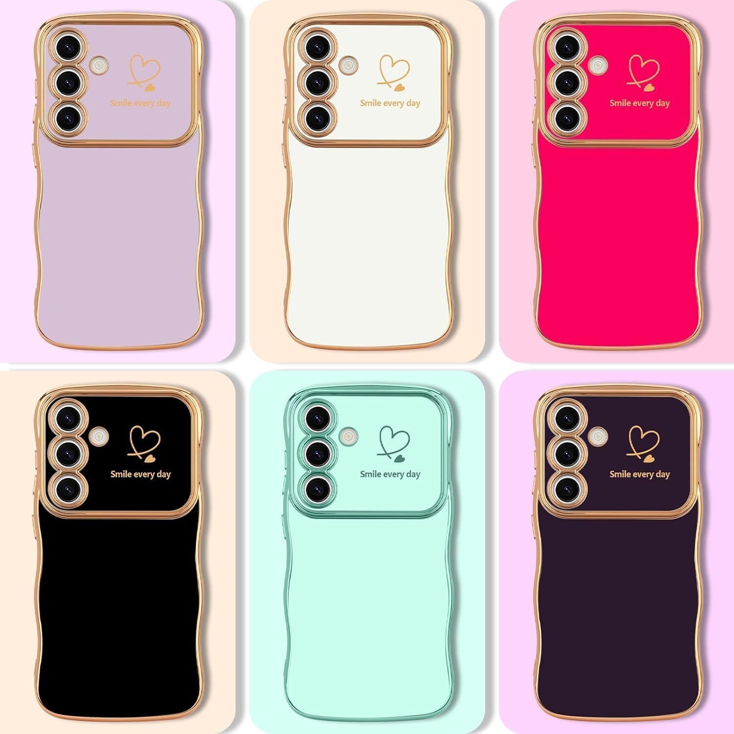 Detalle de Unichthy Love Heart Basic Case for Samsung Galaxy A57 – Glossy Wave Design, Curly Shape, Gold Plated Accents