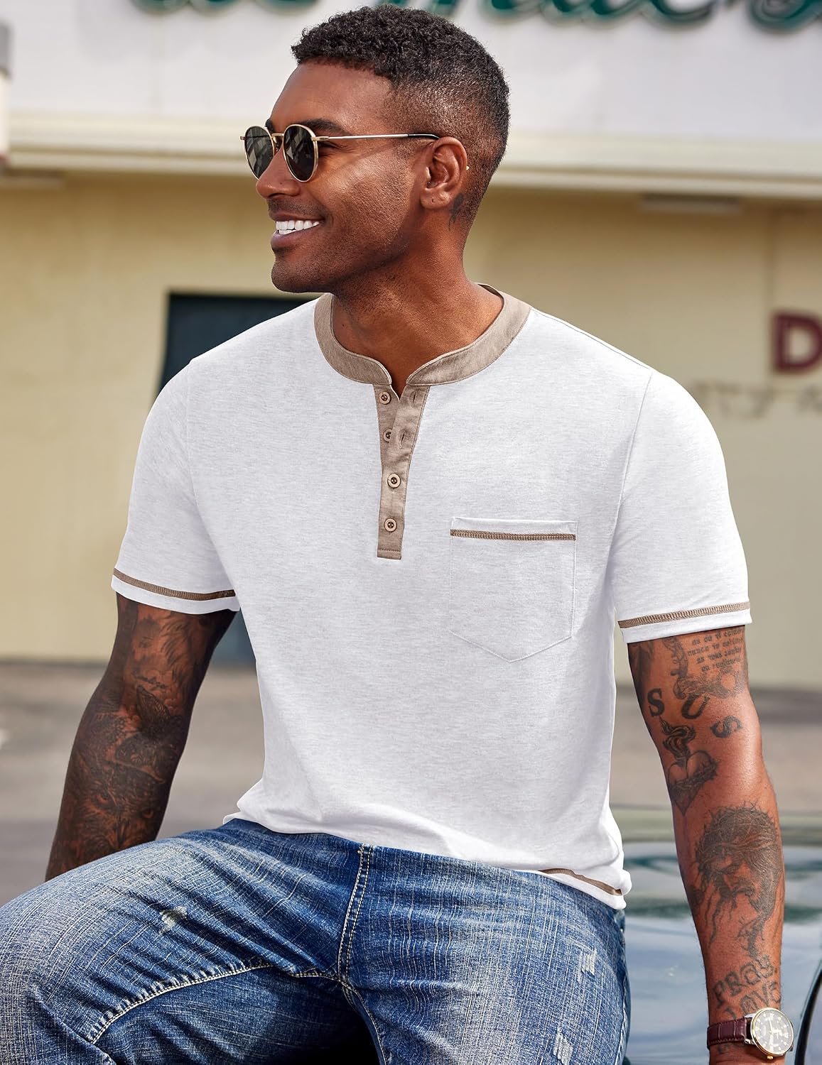 Detalle de COOFANDY Chemise Henley à Manches Courtes pour Homme avec Poche – T-shirt estival décontracté