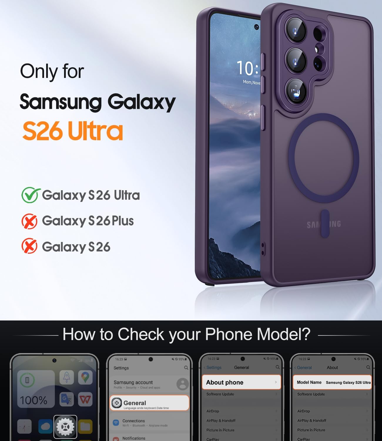 Detalle de JAME Magnetic Case for Samsung Galaxy S26 Ultra (Purple) with MagSafe fit, 2 screen protectors and camera lens protector