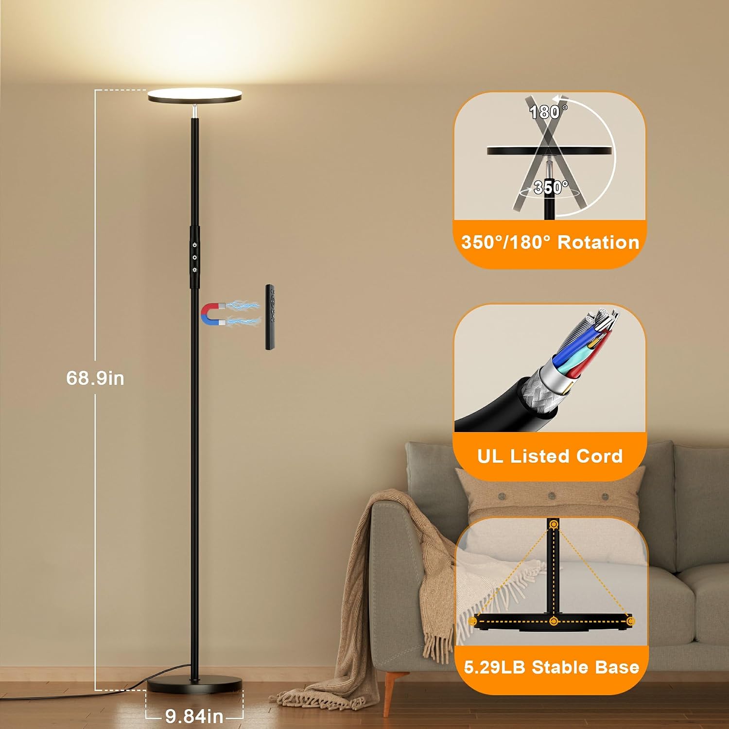 Thumbnail 3 de Lampadaire sur Pied Yikuneng 3600LM 36W LED avec Télécommande et Contrôle Tactile — Ajustement de couleur 2700K–6500K